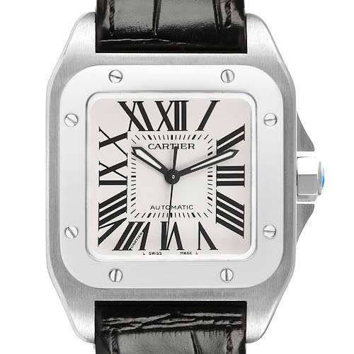 The image shows a frontal view of the Cartier Santos W20106X8 Men's Stainless Steel Silver Dial watch, highlighting its face, bezel, and strap attachment.