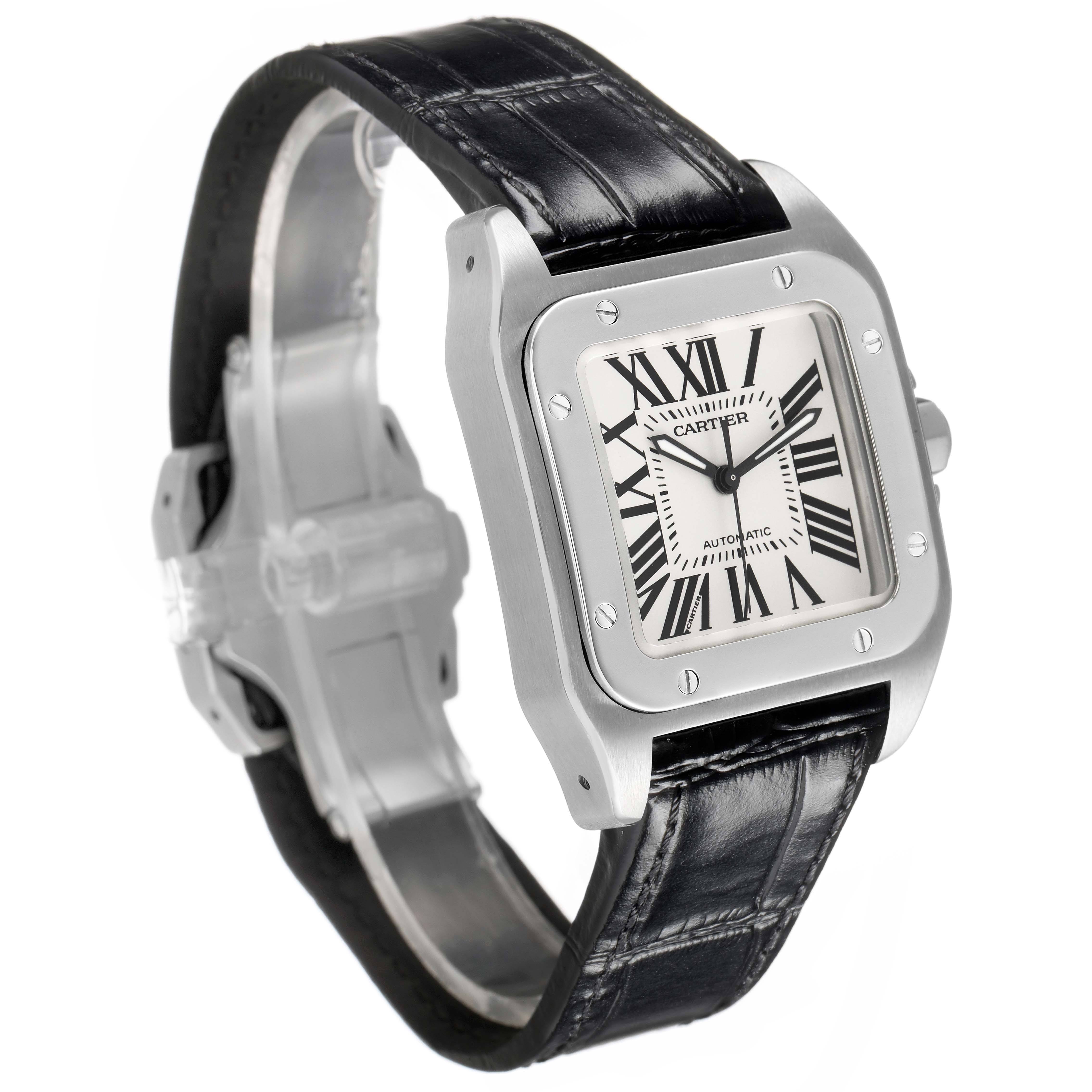 The Cartier Santos W20106X8 Men's Stainless Steel Silver Dial watch is shown at an angled side view, highlighting its square case and black leather strap.