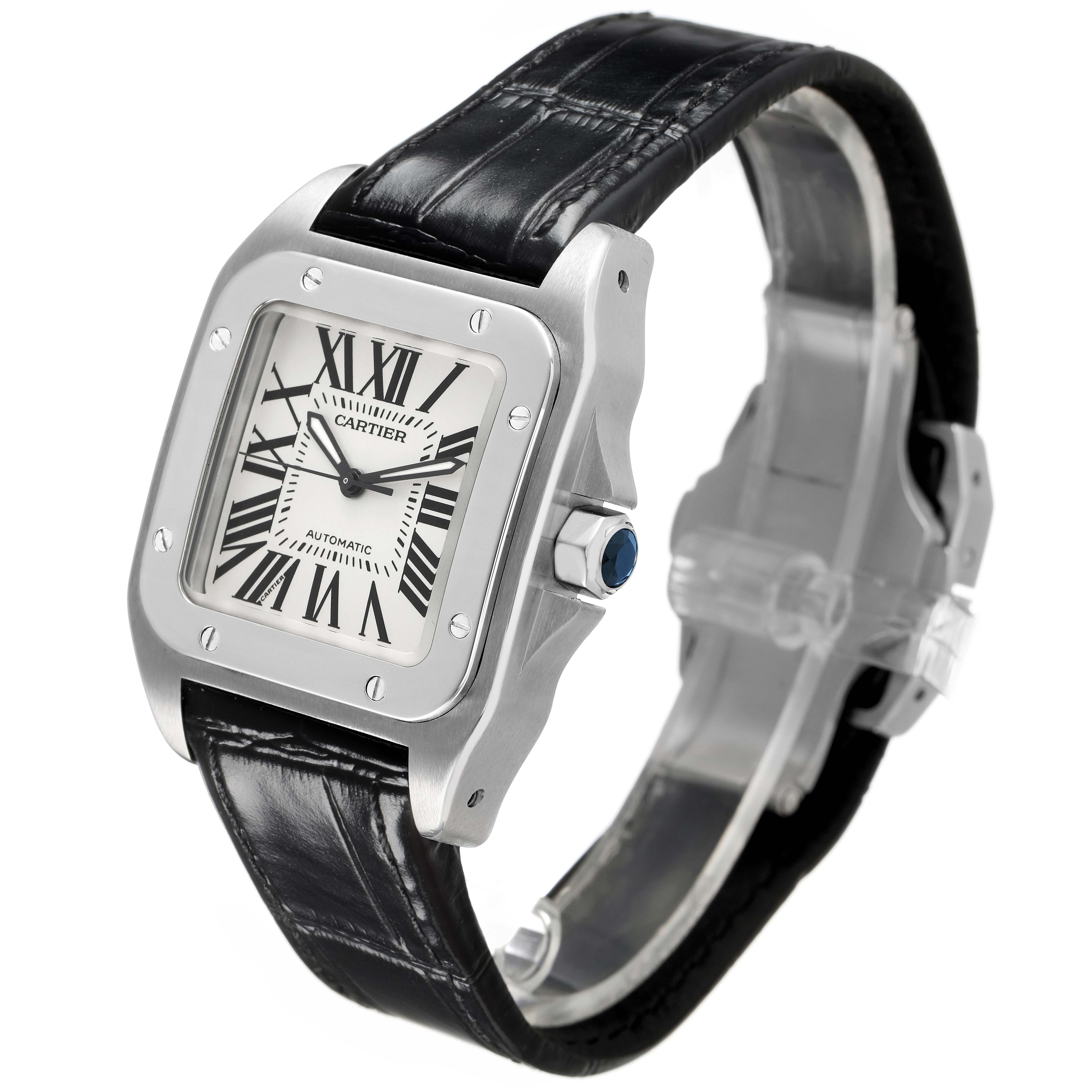 The Cartier Santos W20106X8 Men's Stainless Steel Silver Dial watch is shown at a three-quarter angle, displaying its face, bezel, crown, and leather strap.
