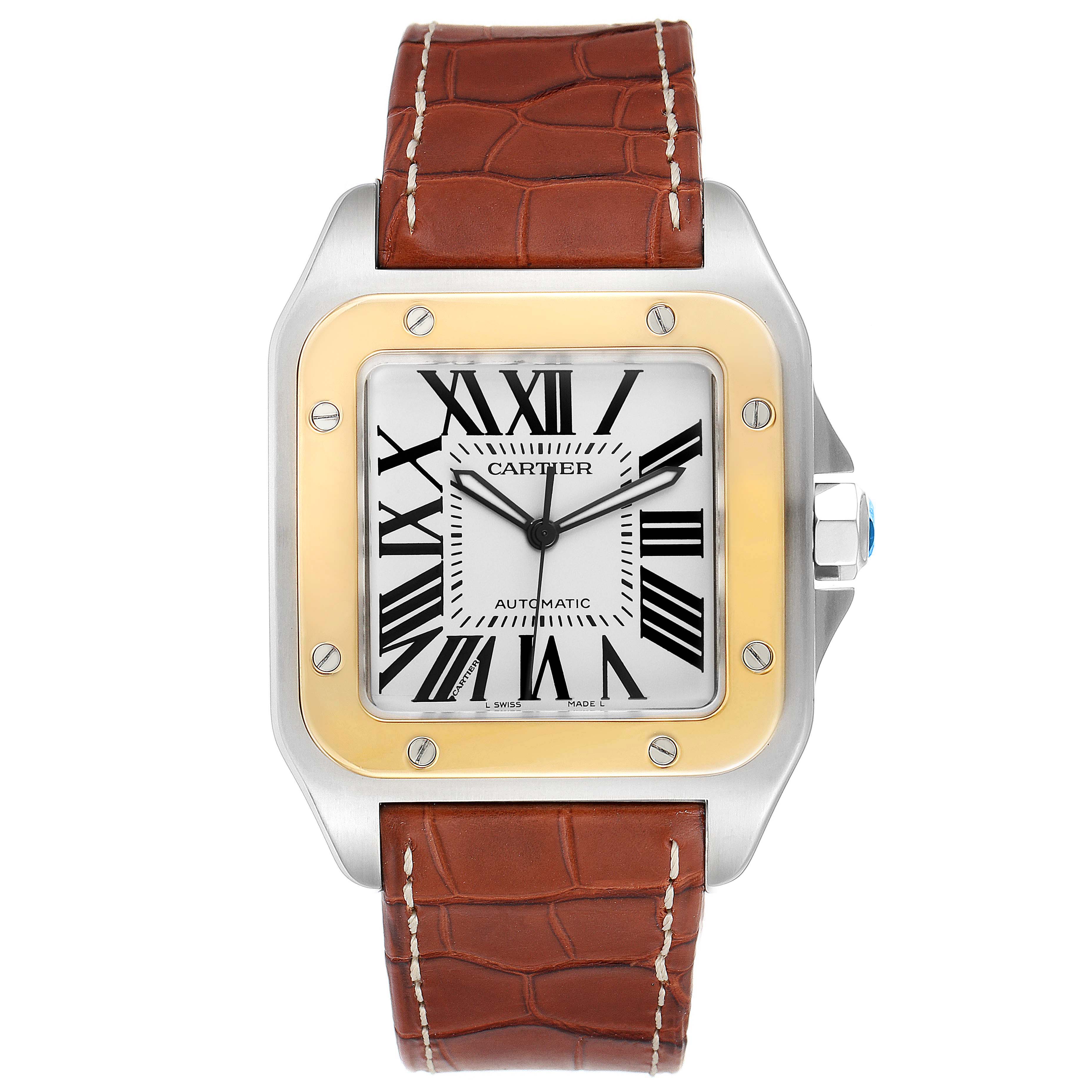 The image shows a Cartier Santos W20072X7 Men's Steel and Gold (two tone) Silver Dial W20072X7 Men's Steel and Gold (two tone) Silver Dial watch from the front, featuring its square face, Roman numeral dial, and brown leather strap.