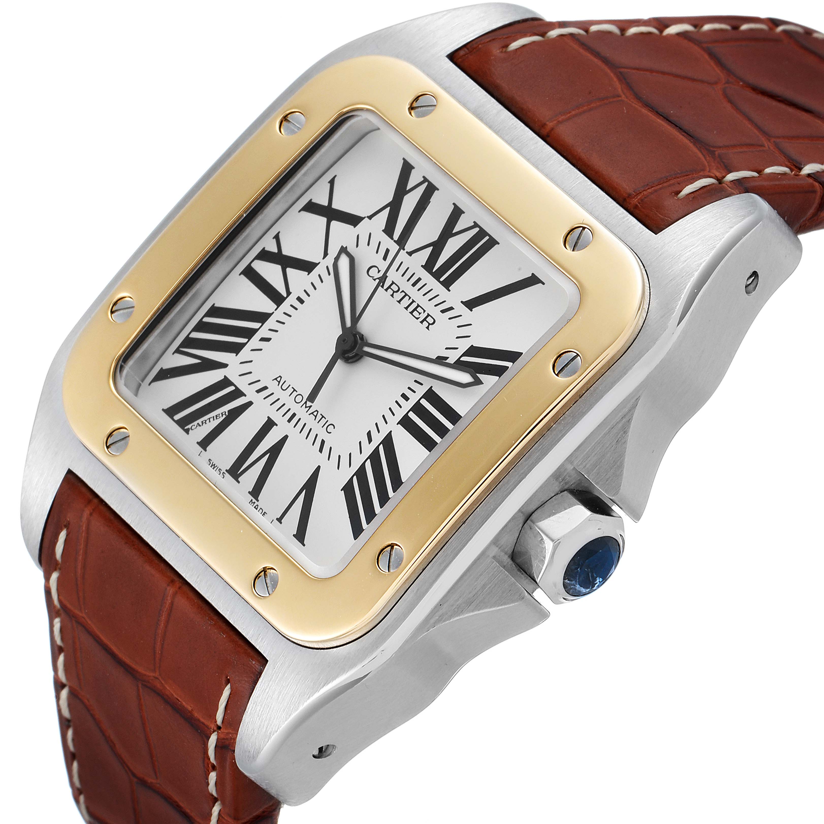 This image shows a close-up angle of the Cartier Santos W20072X7 Men's Steel and Gold (two tone) Silver Dial W20072X7 Men's Steel and Gold (two tone) Silver Dial model watch, highlighting its face, bezel, and leather strap.