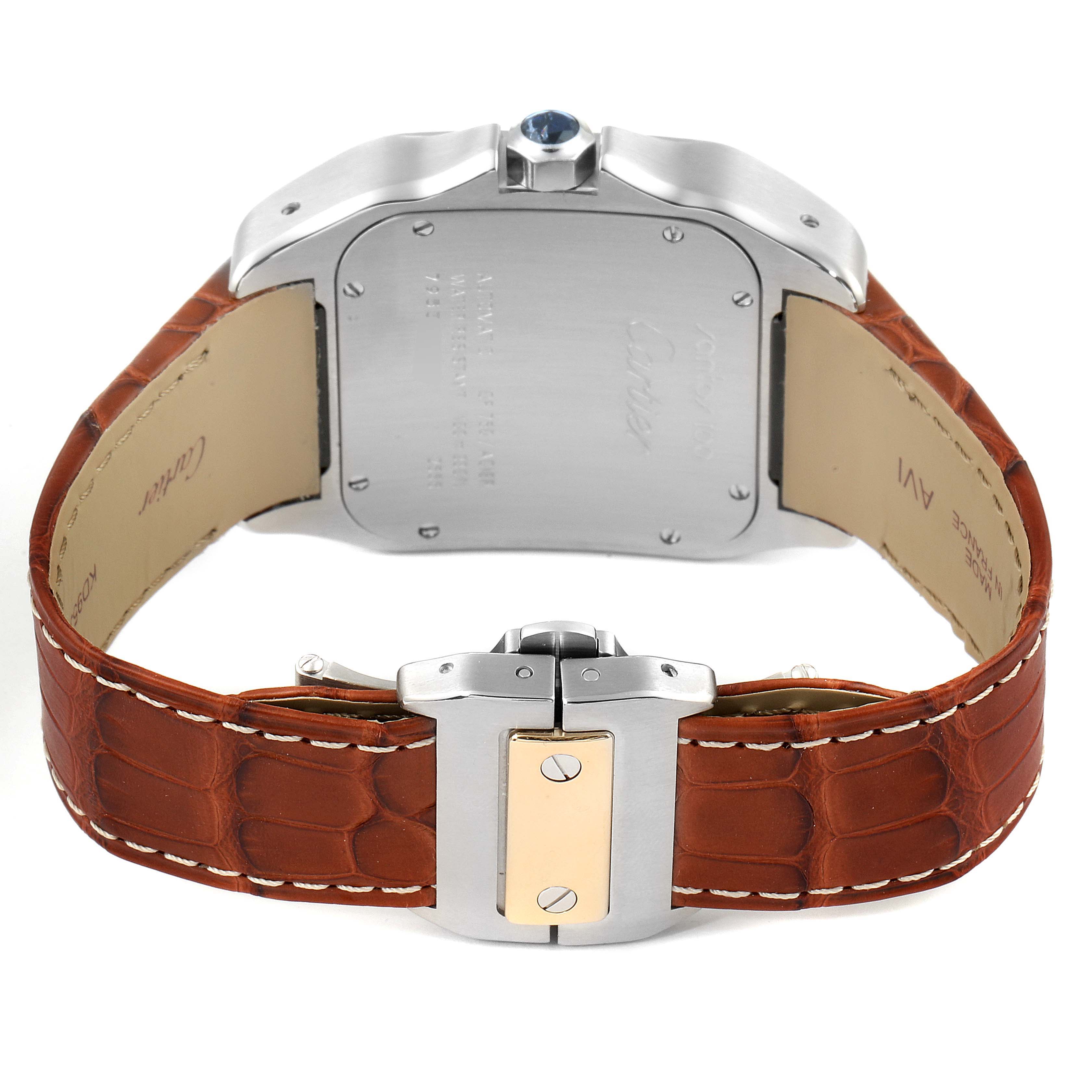 The image shows the back of a Cartier Santos W20072X7 Men's Steel and Gold (two tone) Silver Dial W20072X7 Men's Steel and Gold (two tone) Silver Dial watch with a visible case back, leather strap, and clasp.
