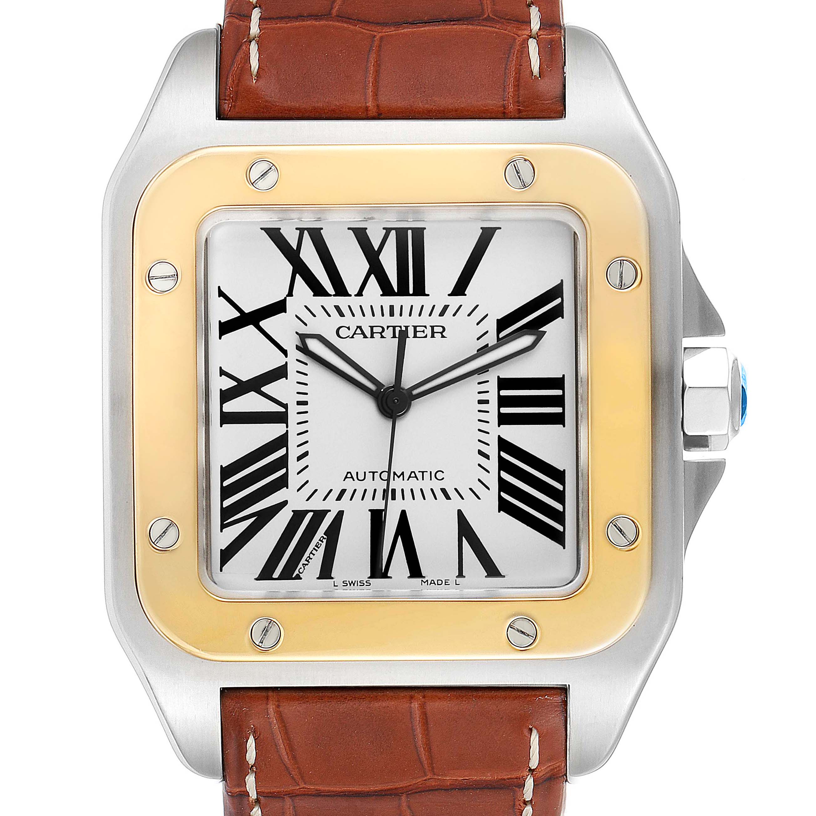 The image shows a front view of a Cartier Santos W20072X7 Men's Steel and Gold (two tone) Silver Dial W20072X7 Men's Steel and Gold (two tone) Silver Dial watch, highlighting its square face, gold bezel, Roman numerals, and leather strap.
