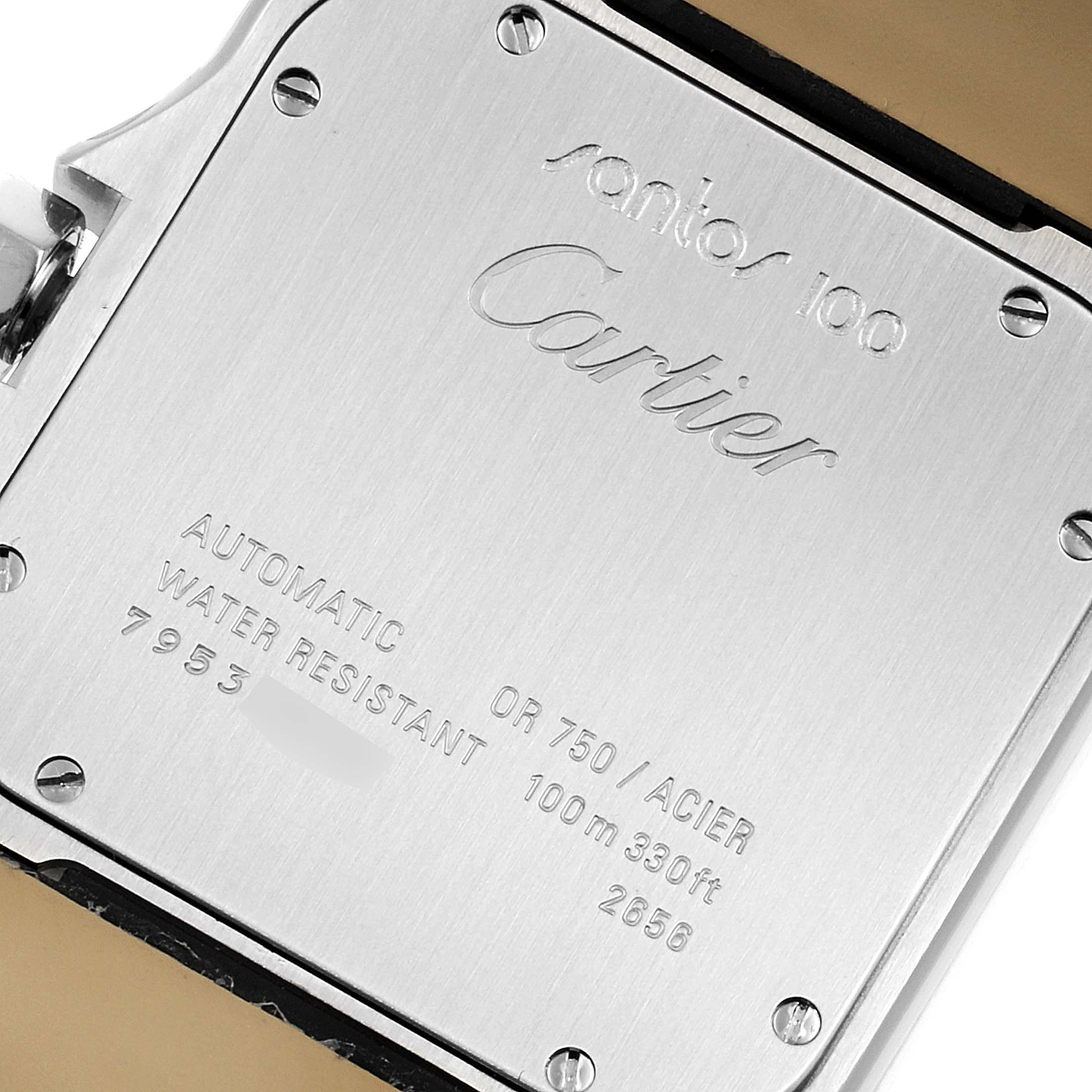 This image shows the case back of a Santos model by Cartier, highlighting inscriptions and water resistance details.
