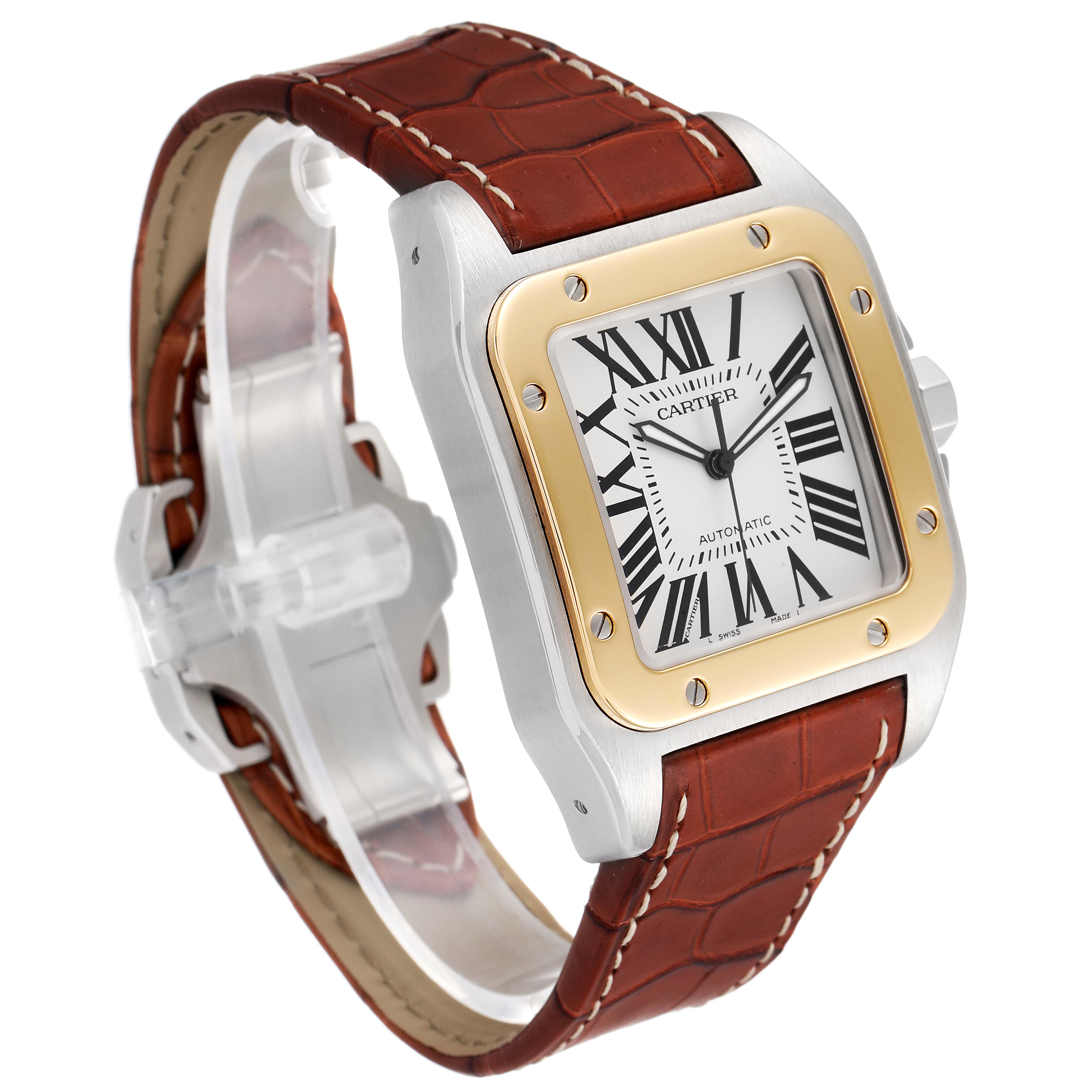 The image shows a Cartier Santos W20072X7 Men's Steel and Gold (two tone) Silver Dial W20072X7 Men's Steel and Gold (two tone) Silver Dial watch at a three-quarter angle, highlighting its face, bezel, and brown leather strap.
