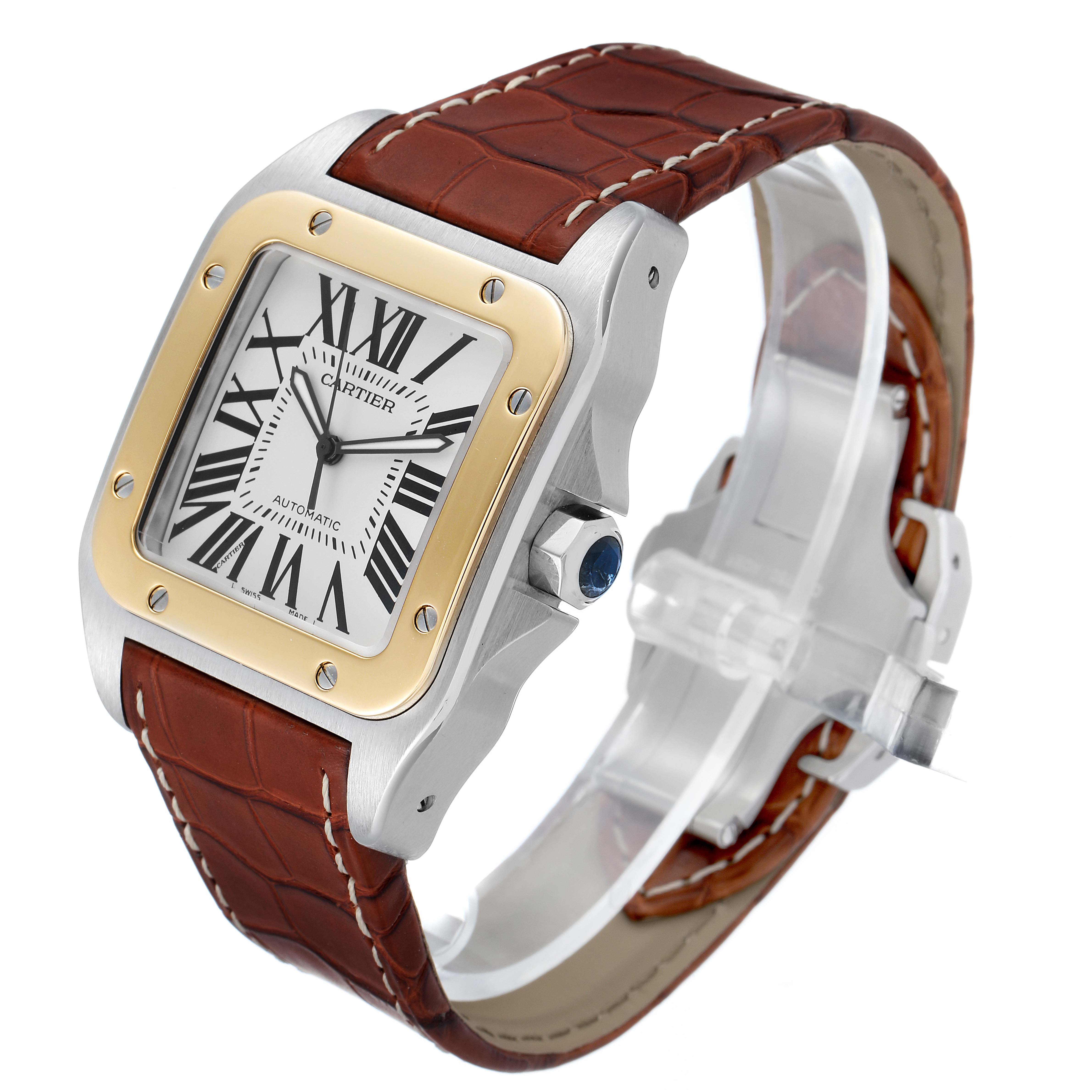 The Cartier Santos W20072X7 Men's Steel and Gold (two tone) Silver Dial W20072X7 Men's Steel and Gold (two tone) Silver Dial watch is shown at a three-quarter angle, displaying the face, brown leather strap, and bezel.