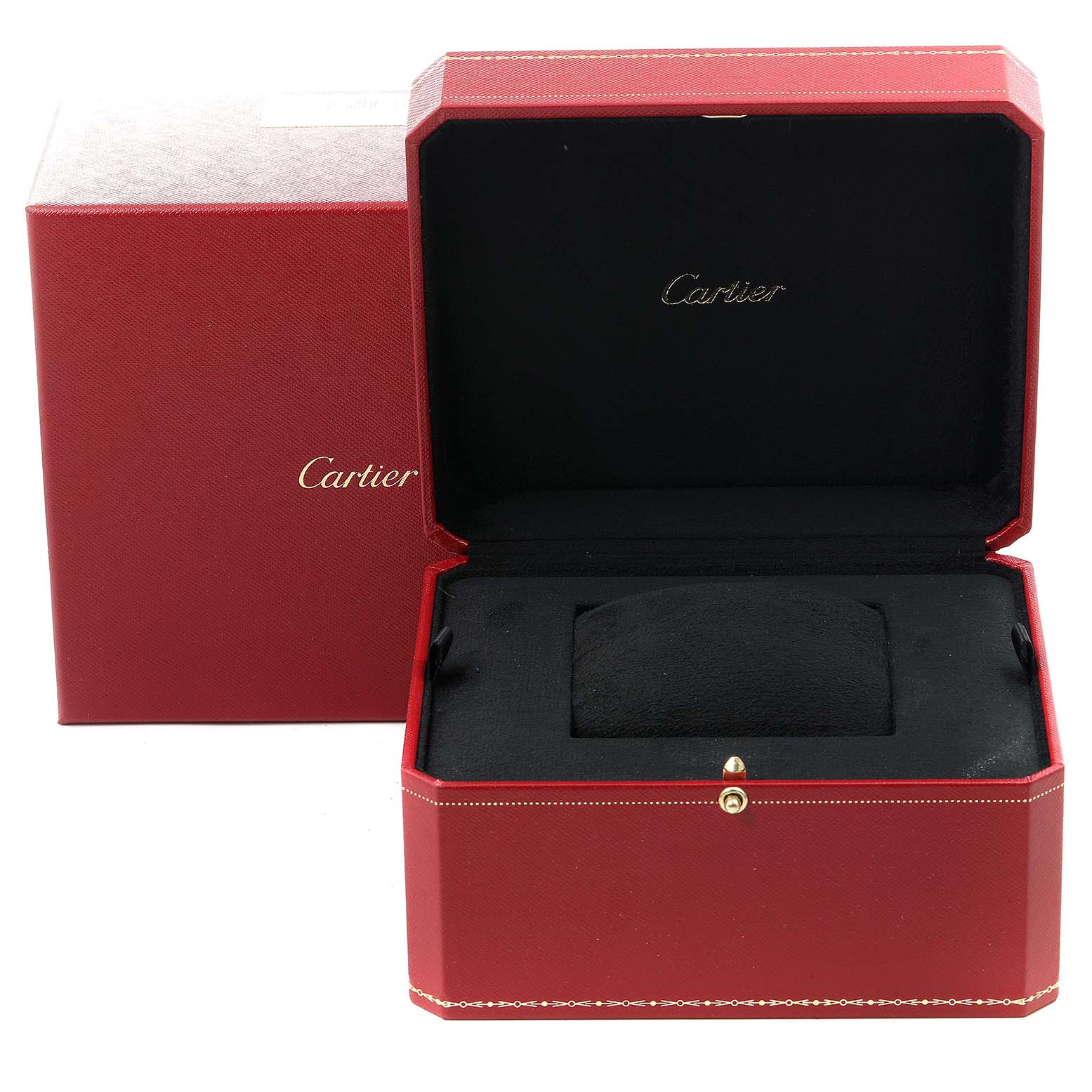 The image shows an open red Cartier watch box, likely for a Santos model, with an inner cushion for holding the watch.
