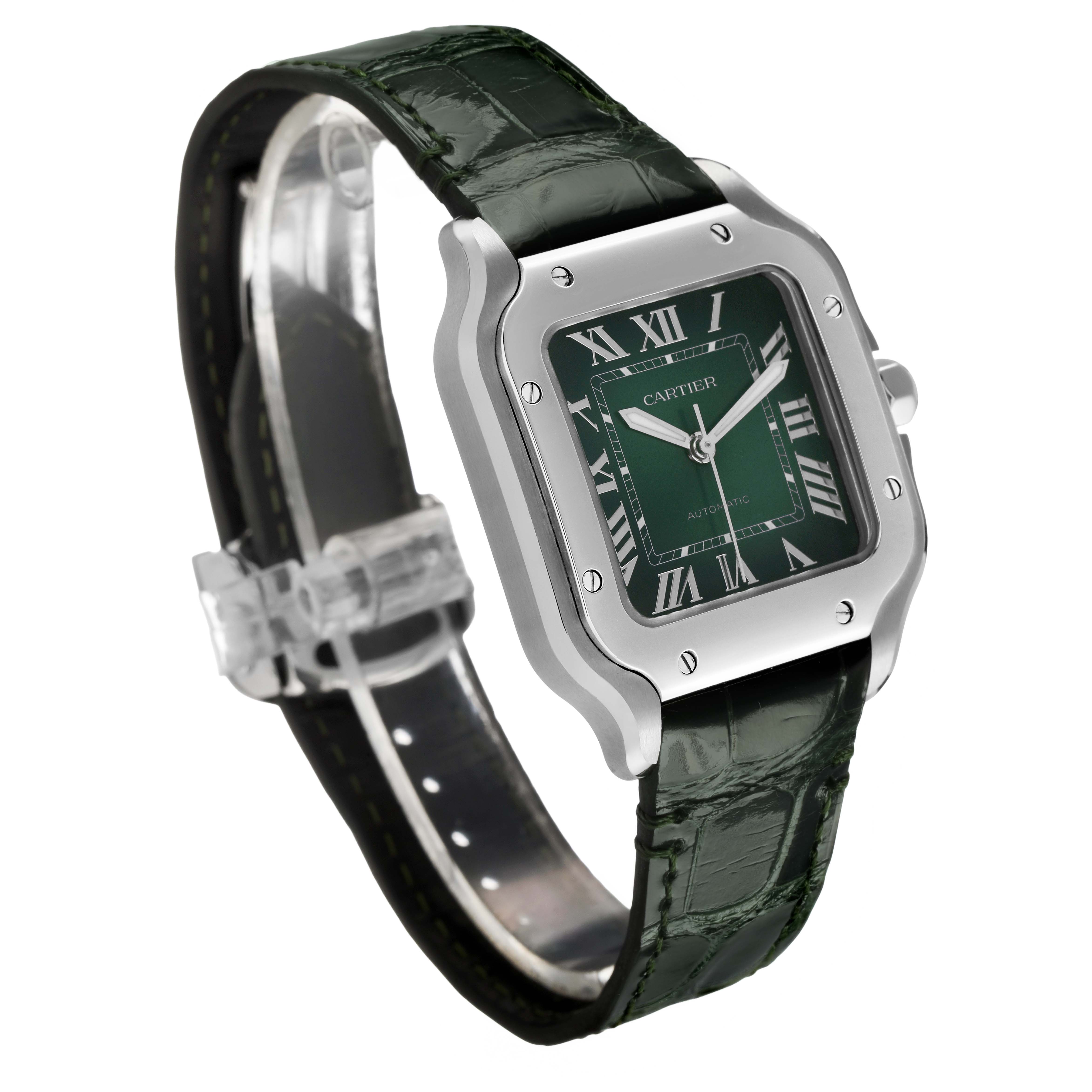 The Cartier Santos WSSA0061 Men's Stainless Steel Green Dial watch is shown at an angled view, highlighting the green dial, Roman numerals, leather strap, and metal case.