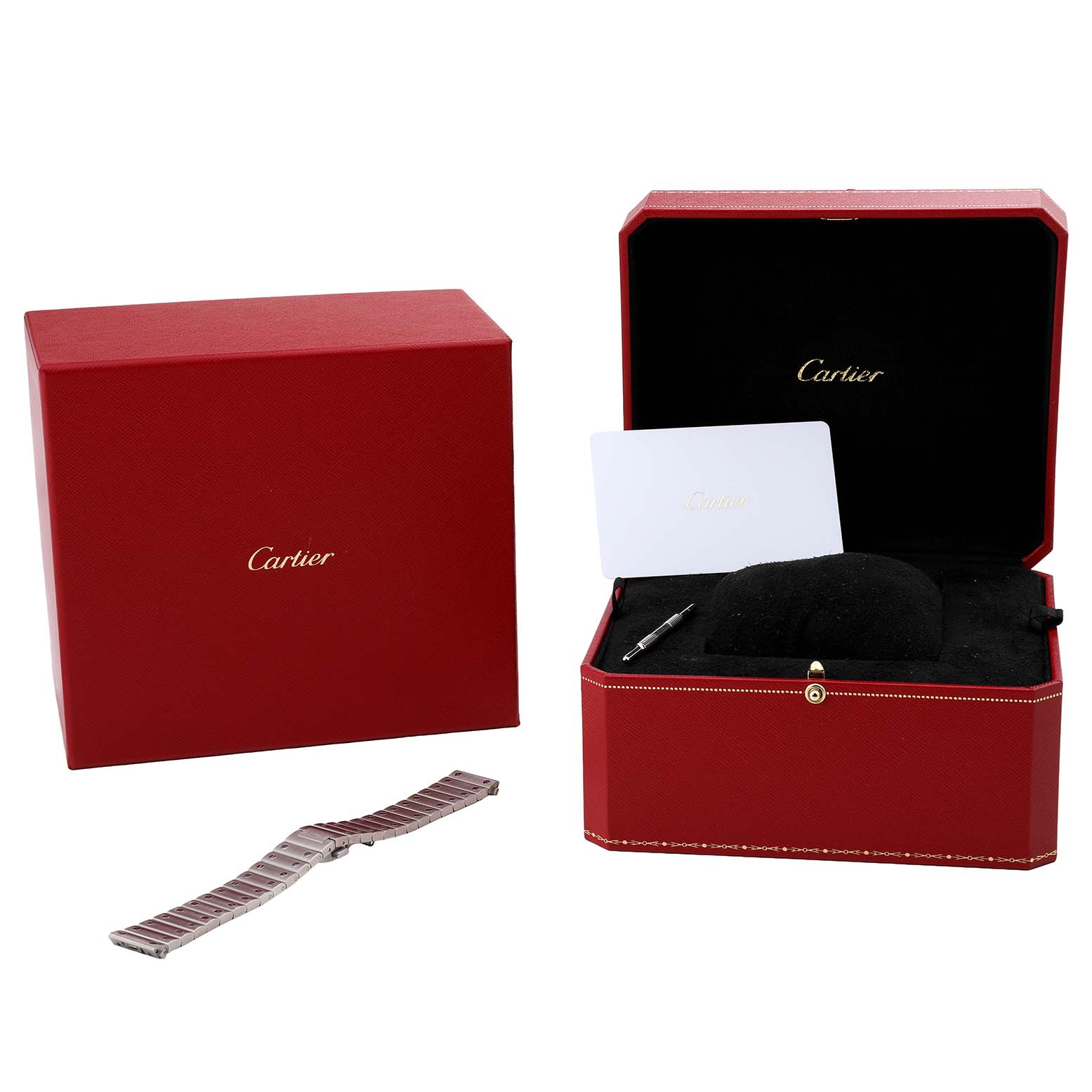 The image shows a red Cartier Santos WSSA0061 Men's Stainless Steel Green Dial watch box set with a bracelet and tool outside.