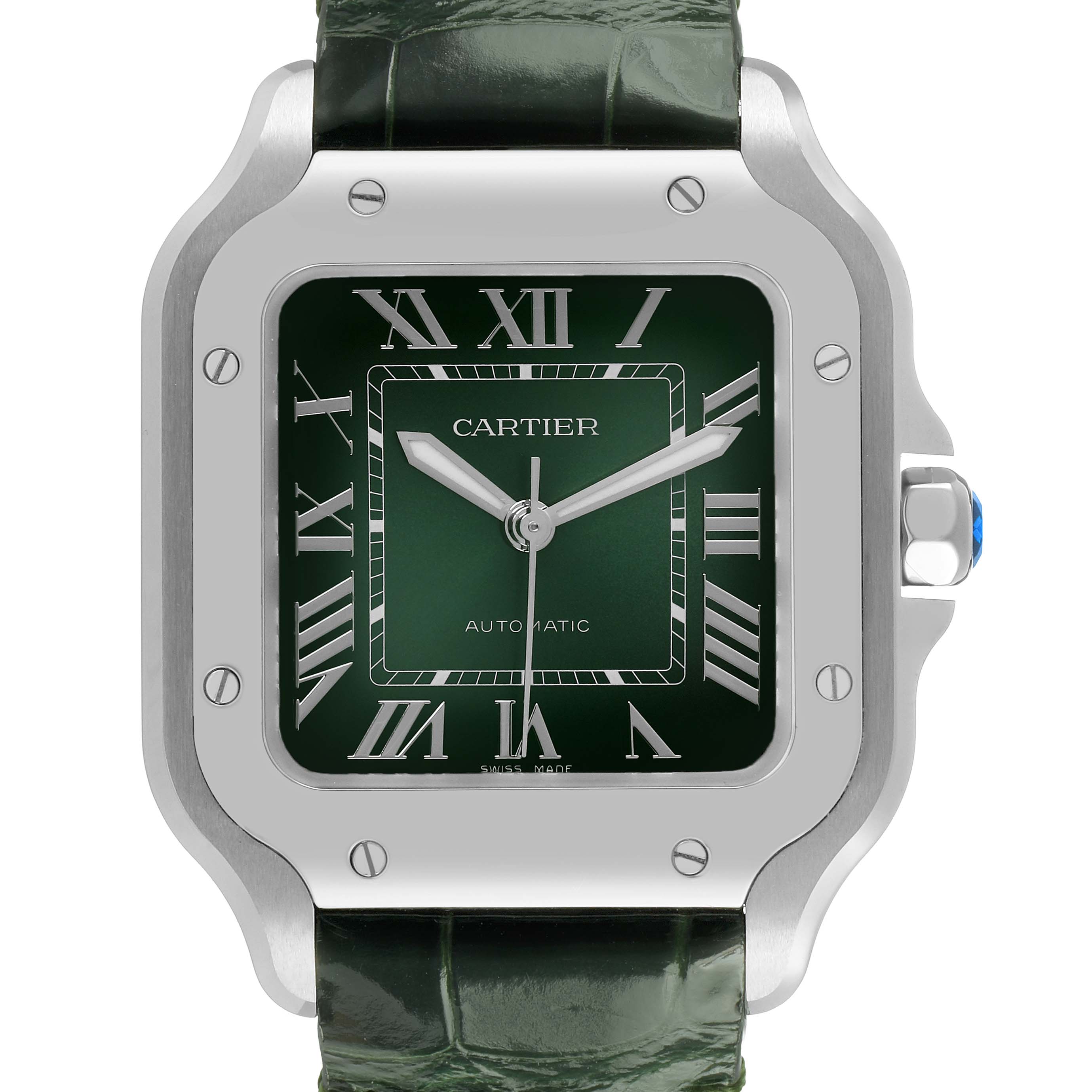 The Cartier Santos WSSA0061 Men's Stainless Steel Green Dial watch is shown from the front, displaying its green dial, Roman numerals, and crocodile leather strap.