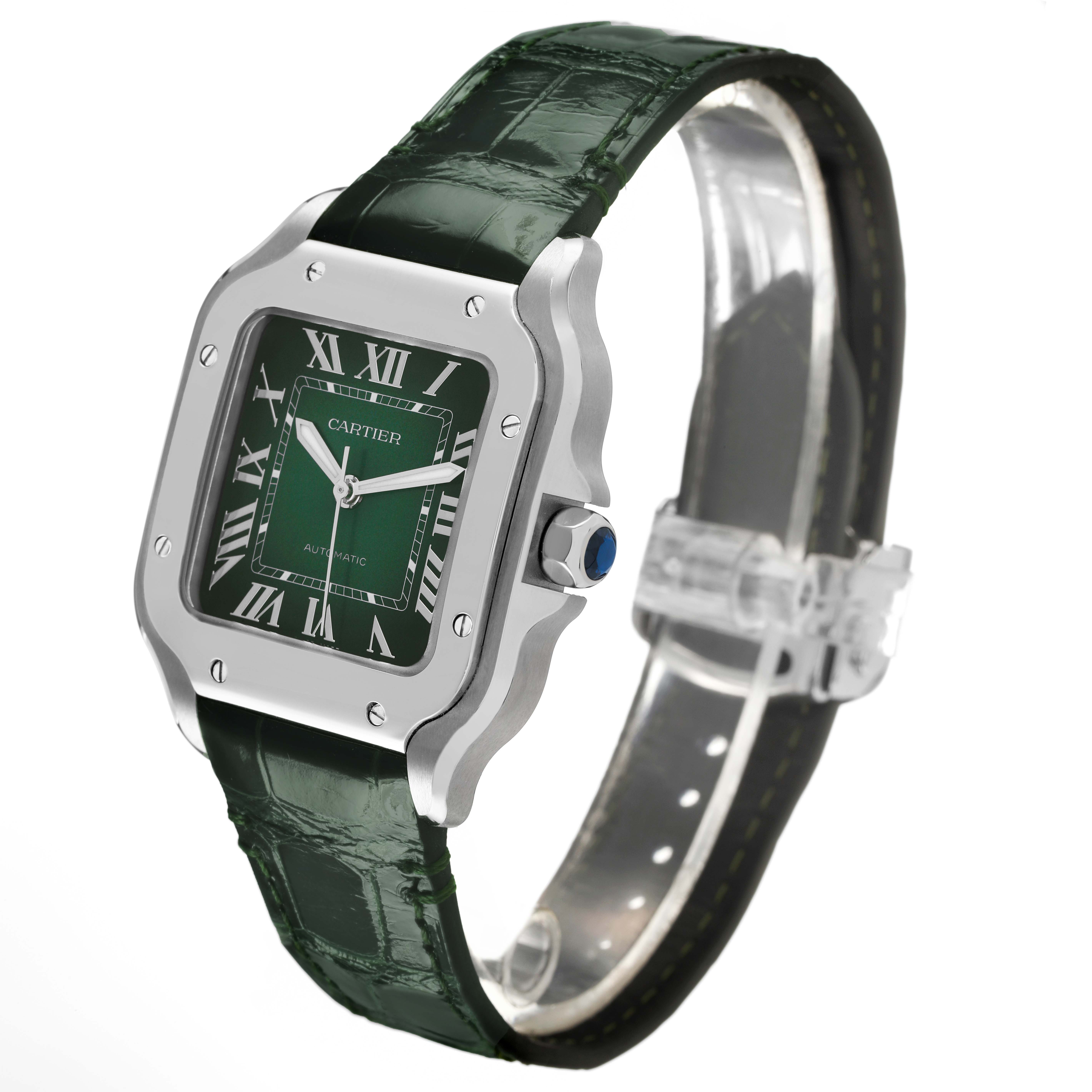 The image shows a Cartier Santos WSSA0061 Men's Stainless Steel Green Dial watch at a three-quarter angle, highlighting the green dial, Roman numerals, case, and strap.