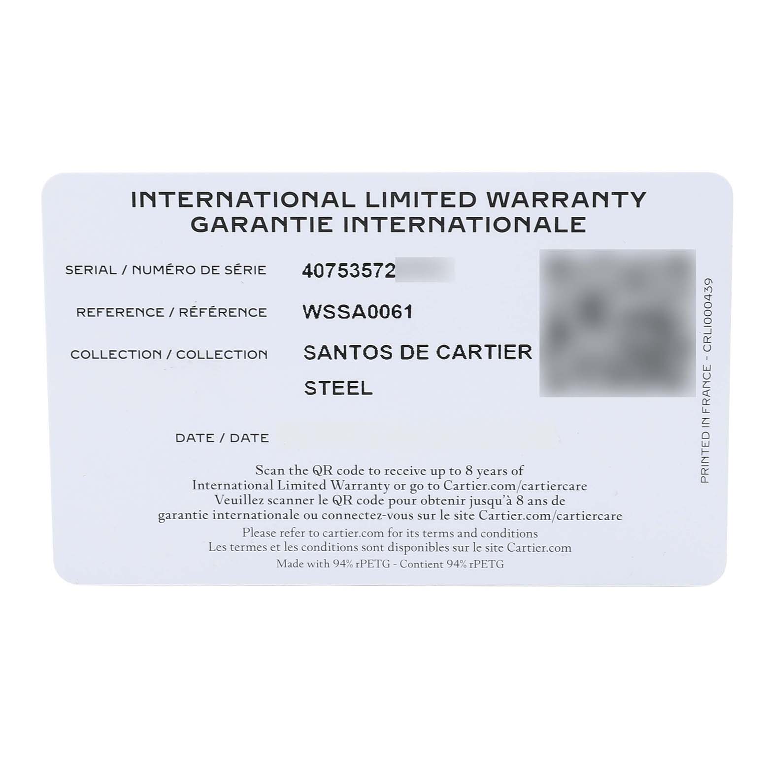 The image shows a warranty card for the Santos de Cartier watch, detailing the serial number and reference.