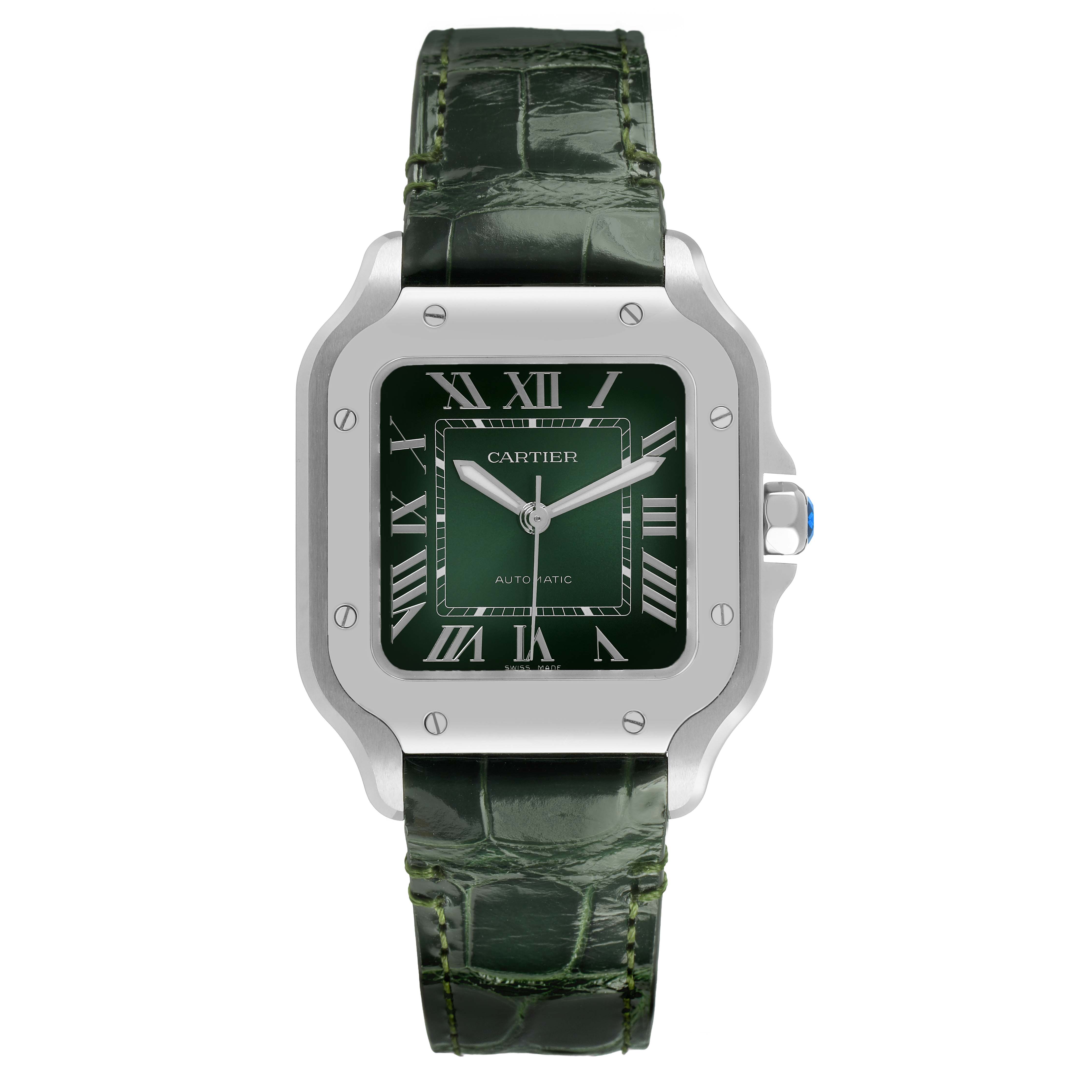 The Cartier Santos WSSA0061 Men's Stainless Steel Green Dial model watch is shown from the front, displaying the dial, bezel, and strap.