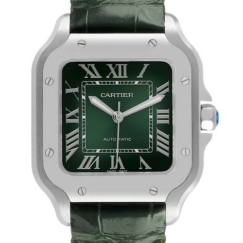 The image shows a front view of the Cartier Santos WSSA0061 Men's Stainless Steel Green Dial watch, highlighting the green dial, Roman numerals, and metal case.