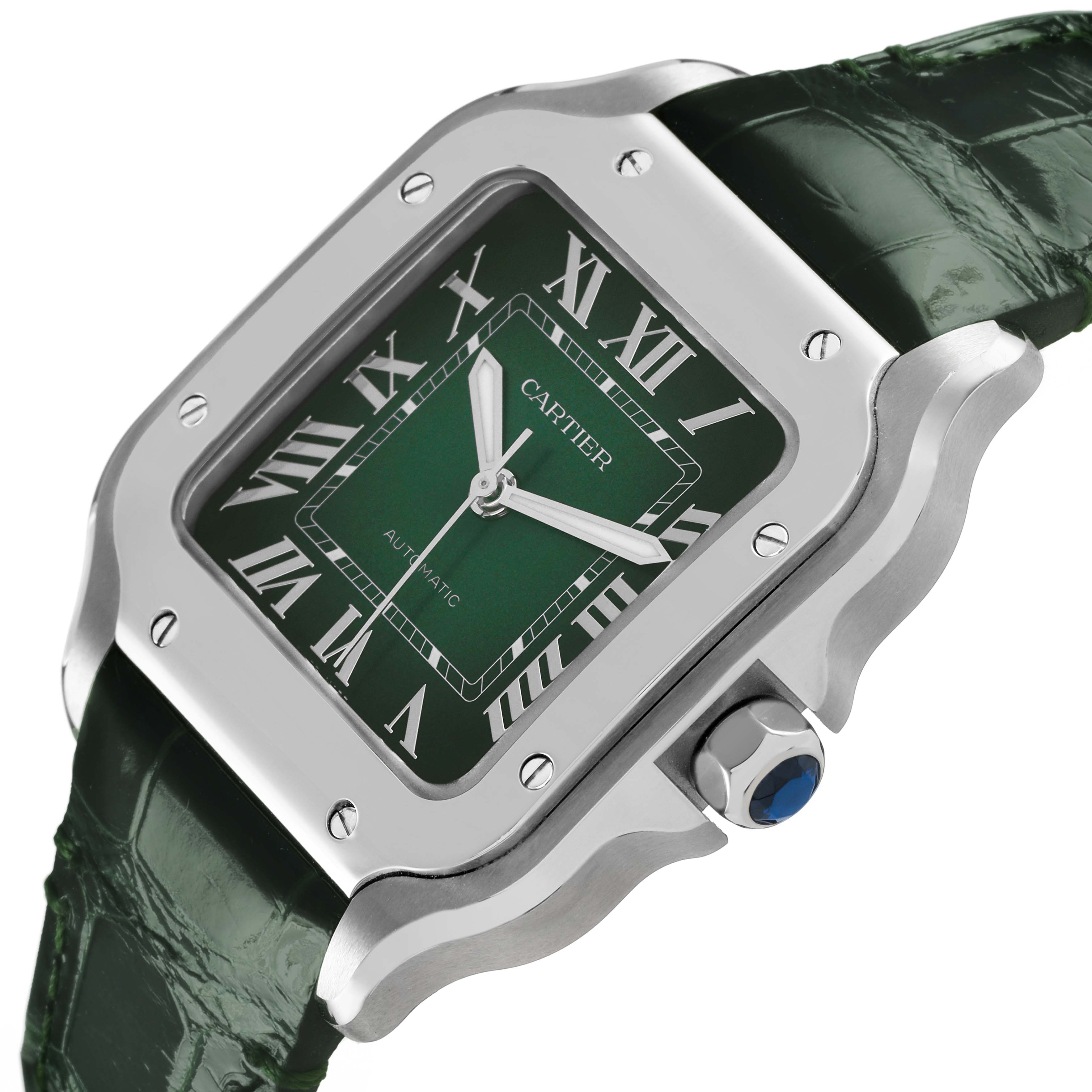 The Cartier Santos WSSA0061 Men's Stainless Steel Green Dial watch is shown at an angle highlighting its green dial, Roman numerals, metal case, and green leather strap.