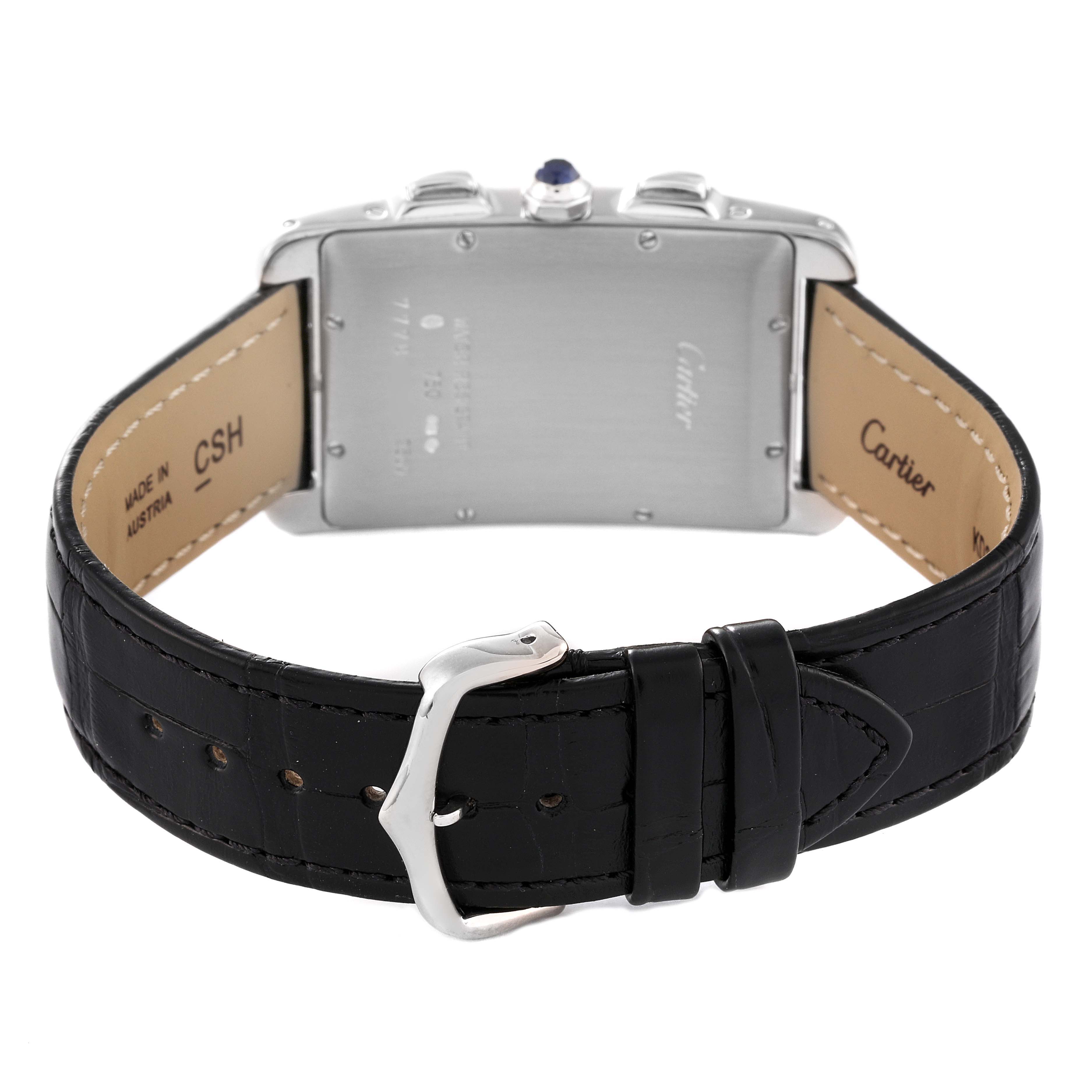 This image shows the back and sides of a Cartier Tank Americaine W2605956 Men's White Gold Silver Dial W2605956 Men's White Gold Silver Dial watch, including the strap and buckle.