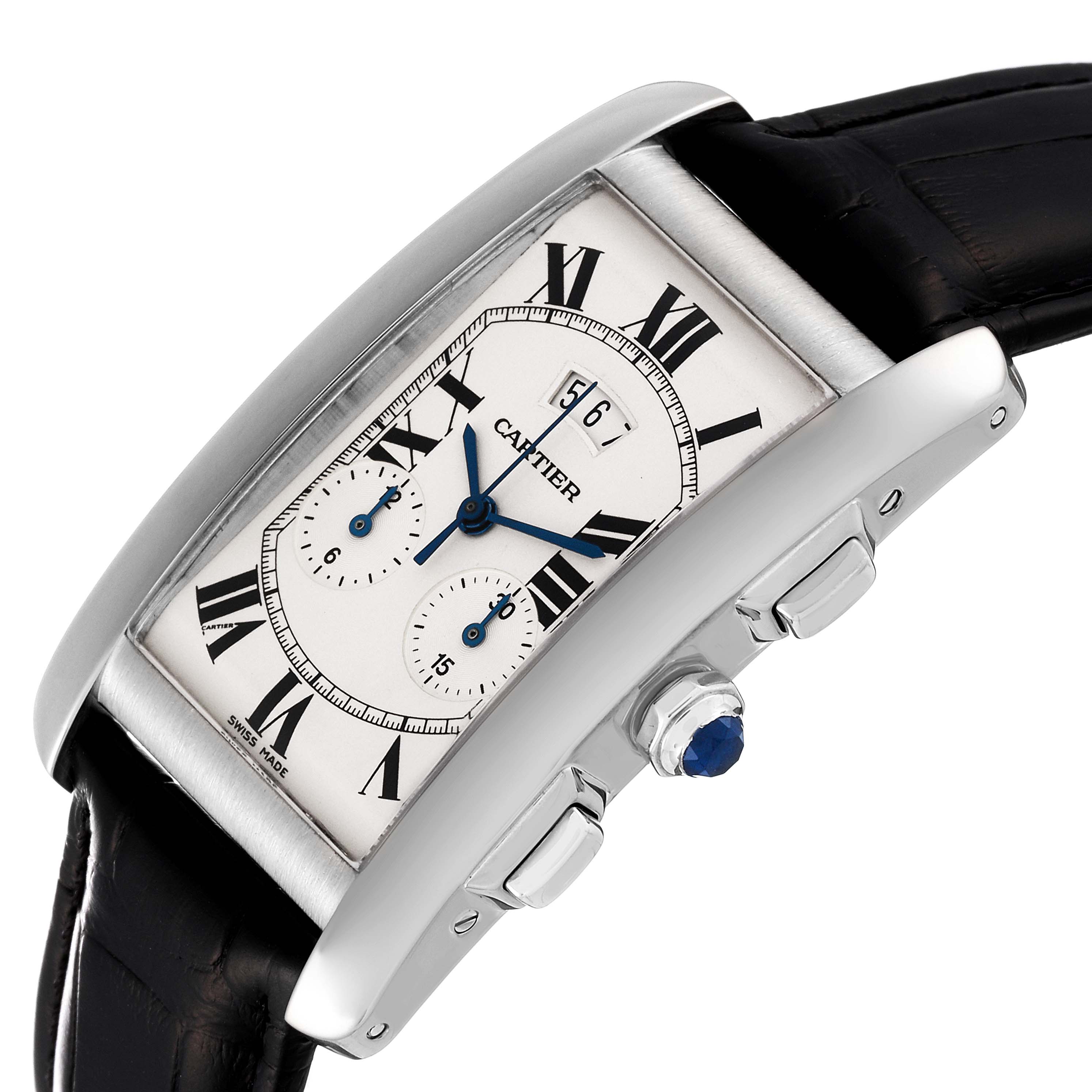 The image shows a close-up, angled view of the Cartier Tank Americaine W2605956 Men's White Gold Silver Dial W2605956 Men's White Gold Silver Dial watch, highlighting the face, crown, and pushers.