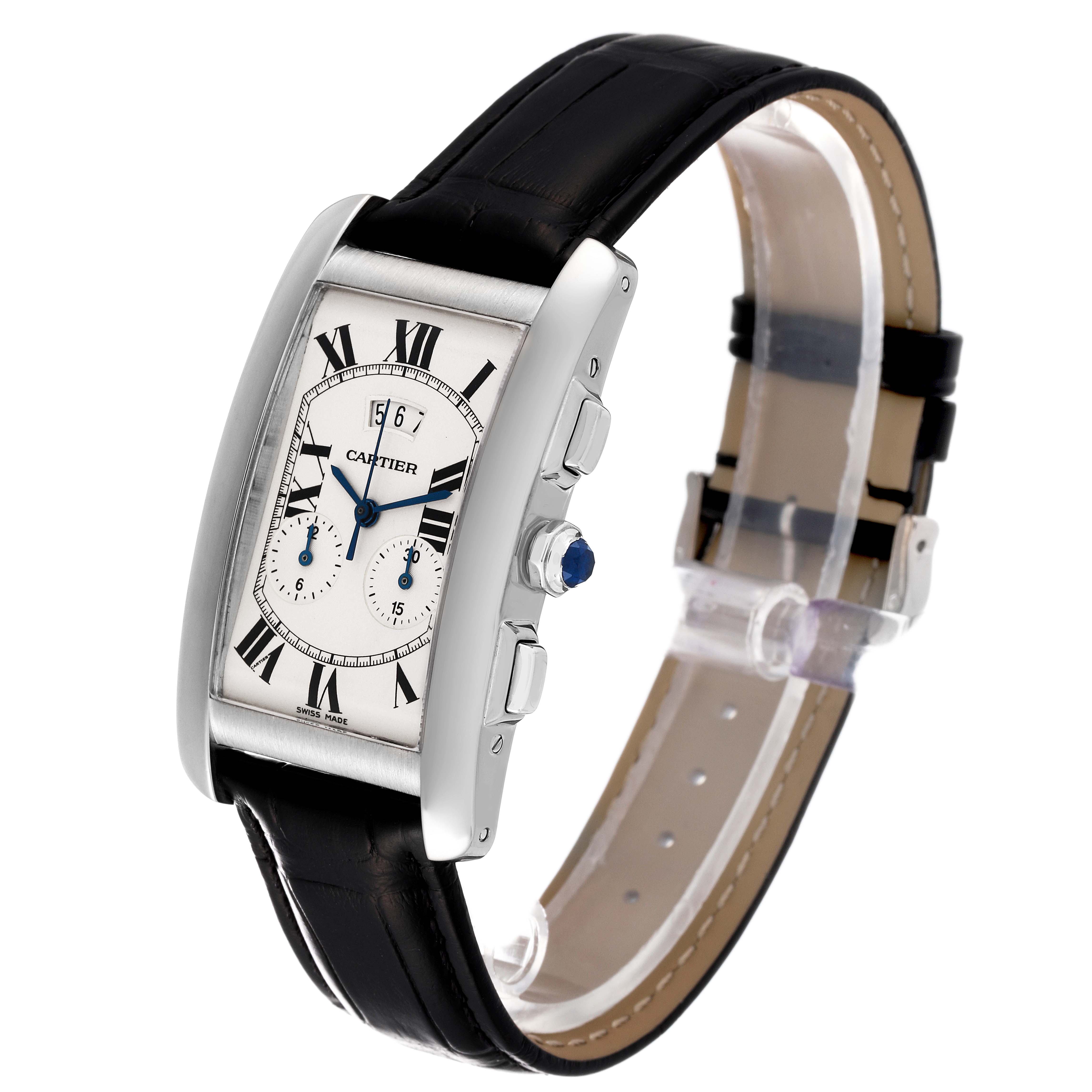 The Cartier Tank Americaine W2605956 Men's White Gold Silver Dial W2605956 Men's White Gold Silver Dial watch is shown at a slight angle, highlighting its face, strap, crown, and side buttons.