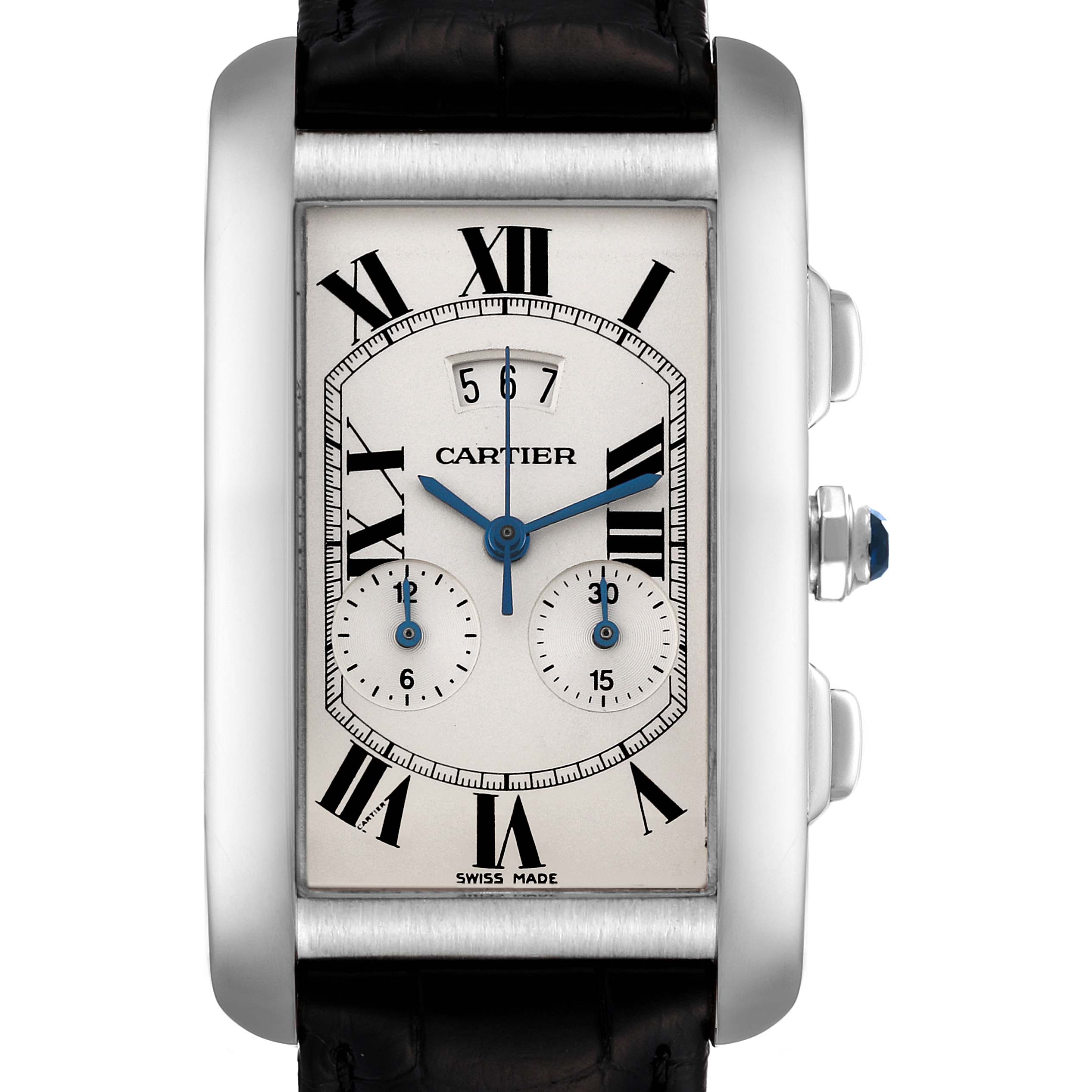 This image shows the face and side profile of a Cartier Tank Americaine W2605956 Men's White Gold Silver Dial W2605956 Men's White Gold Silver Dial watch, highlighting the dial, two subdials, and crown.