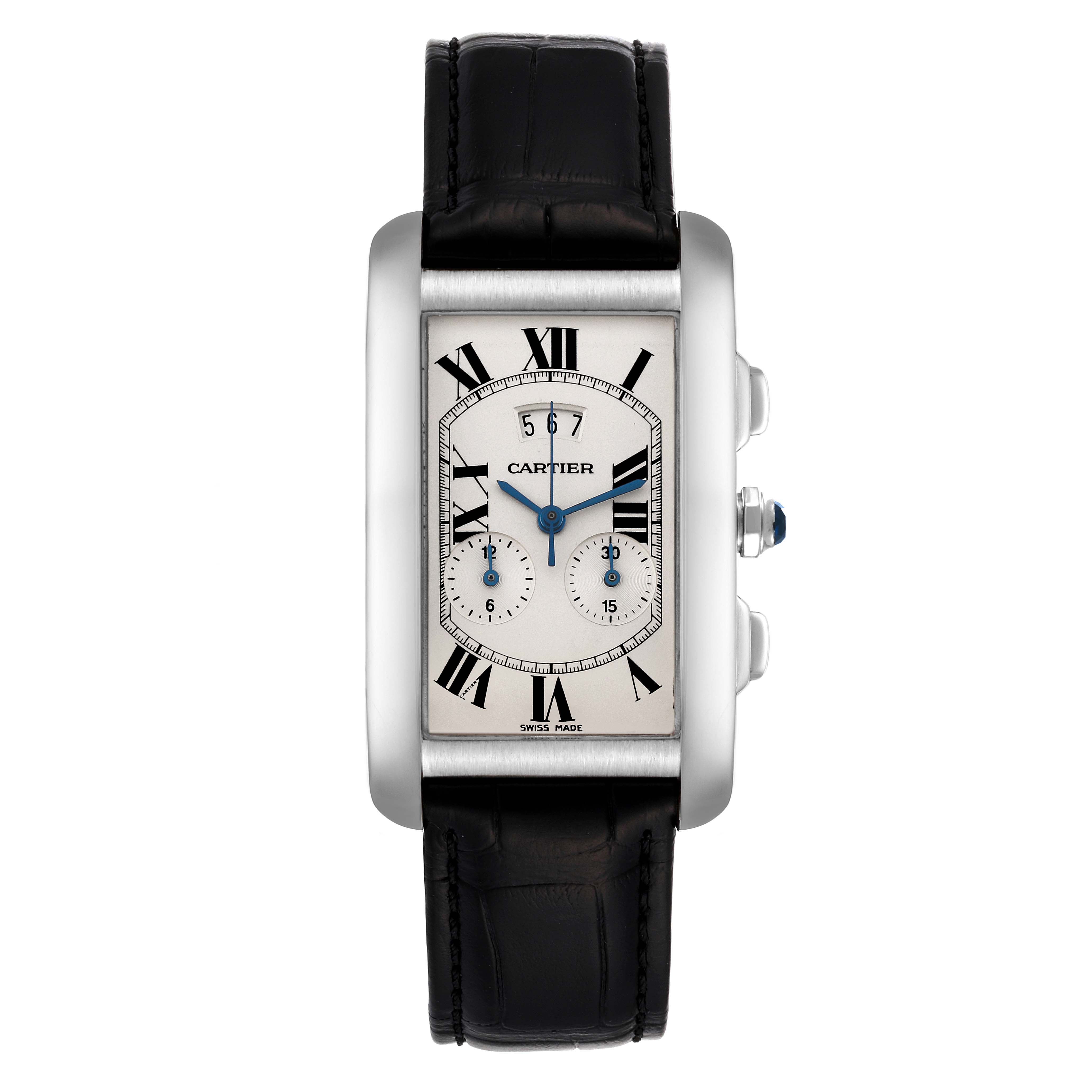 The image shows a front view of a Cartier Tank Americaine W2605956 Men's White Gold Silver Dial W2605956 Men's White Gold Silver Dial watch, highlighting its rectangular face, black leather strap, and side buttons.