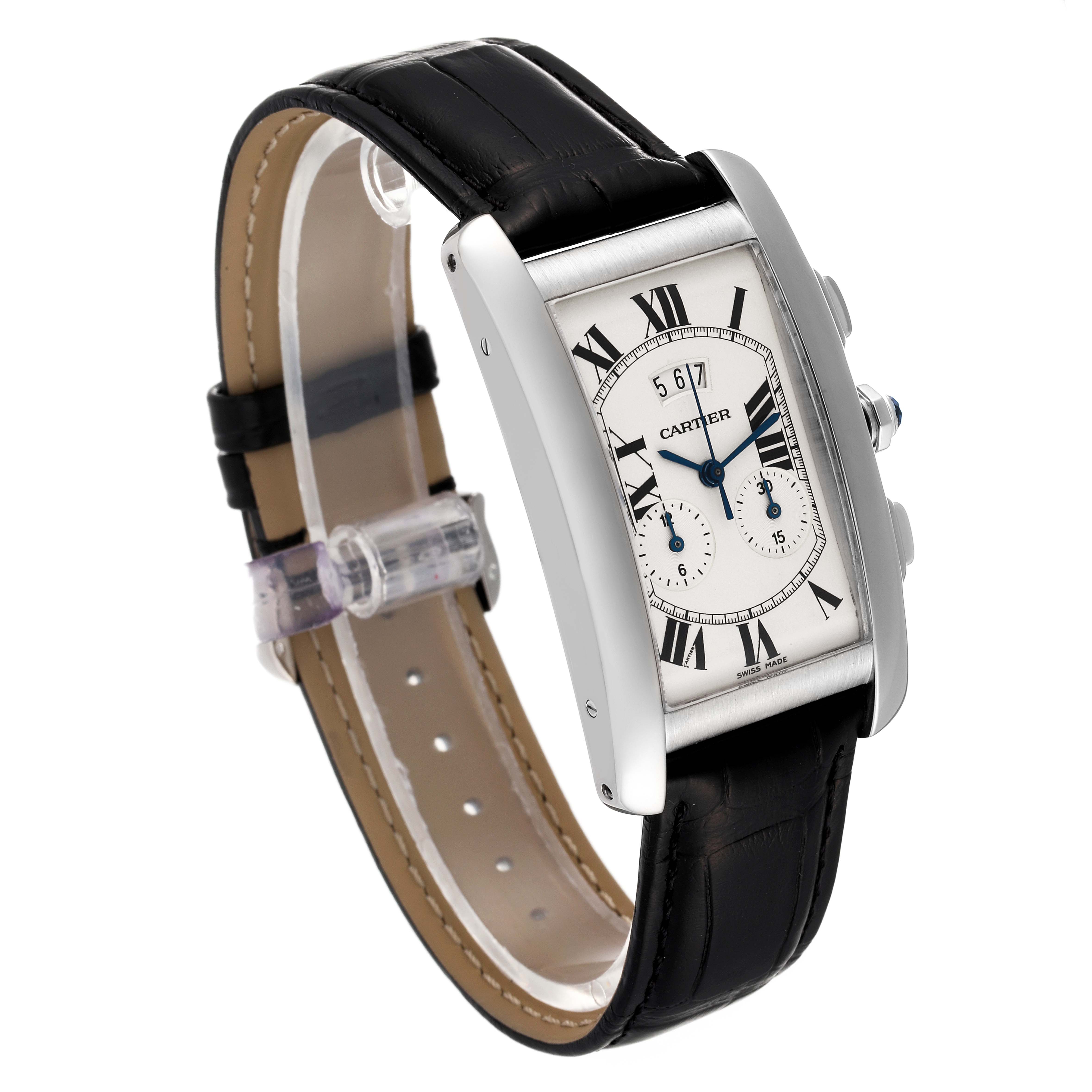 The image shows a Cartier Tank Americaine W2605956 Men's White Gold Silver Dial W2605956 Men's White Gold Silver Dial watch at an angled side view, highlighting the black leather strap and rectangular dial.