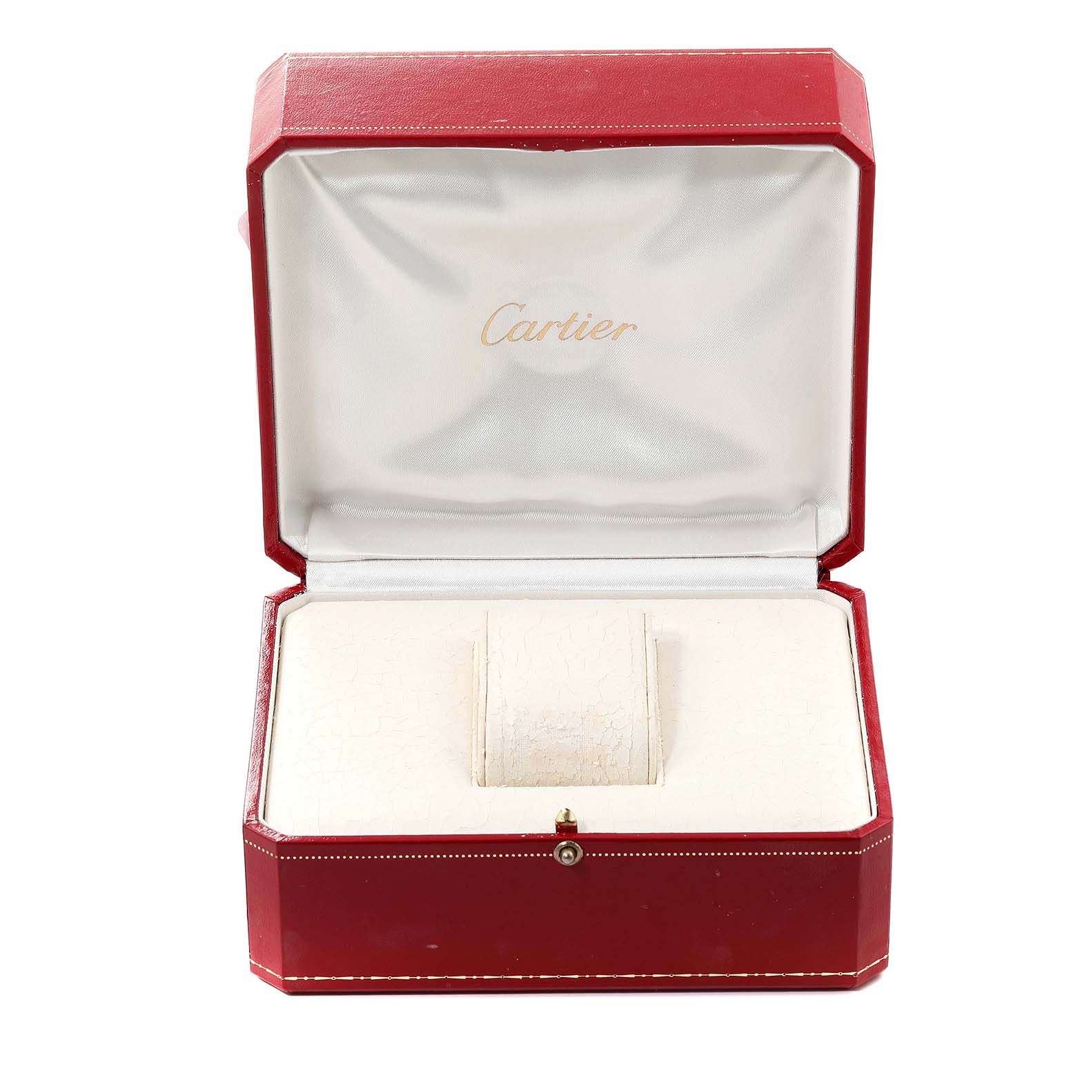 The image shows an open, empty Cartier watch box for the Tank Francaise model, with the Cartier logo inside the lid.