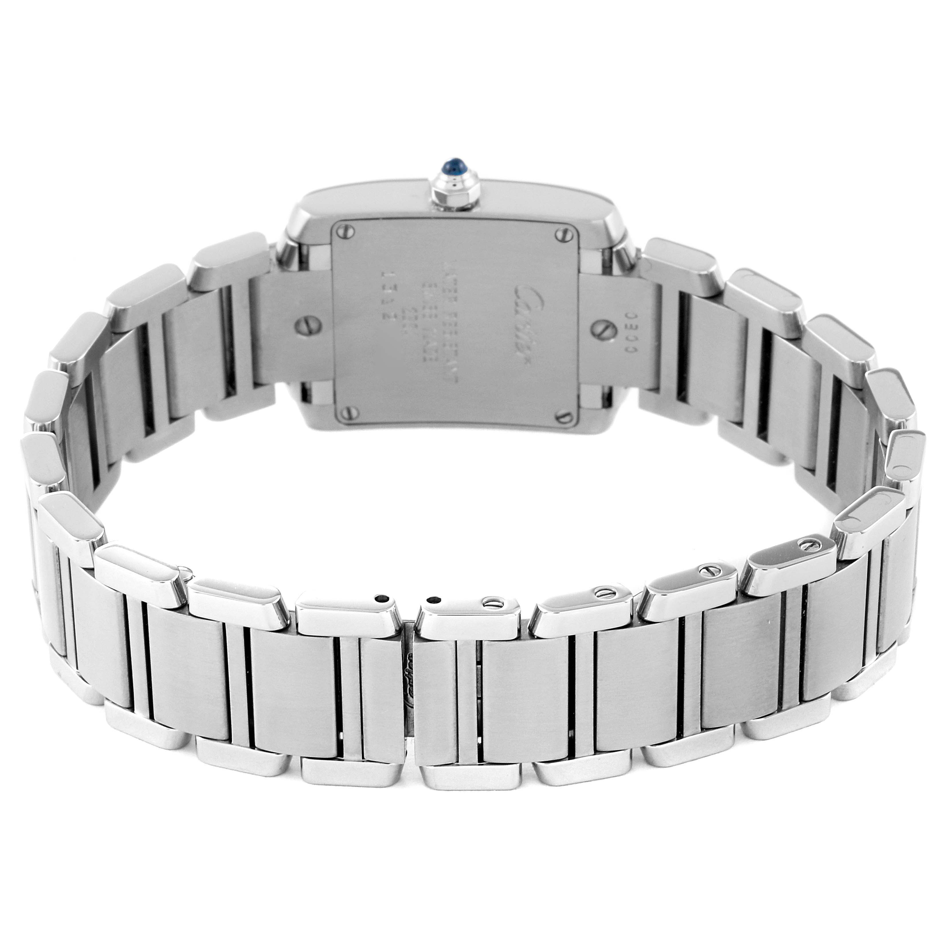 This image shows the back and bracelet of a Cartier Tank Francaise W51008Q3 Women's Stainless Steel Silver Dial W51008Q3 Women's Stainless Steel Silver Dial watch from a slightly elevated rear view.