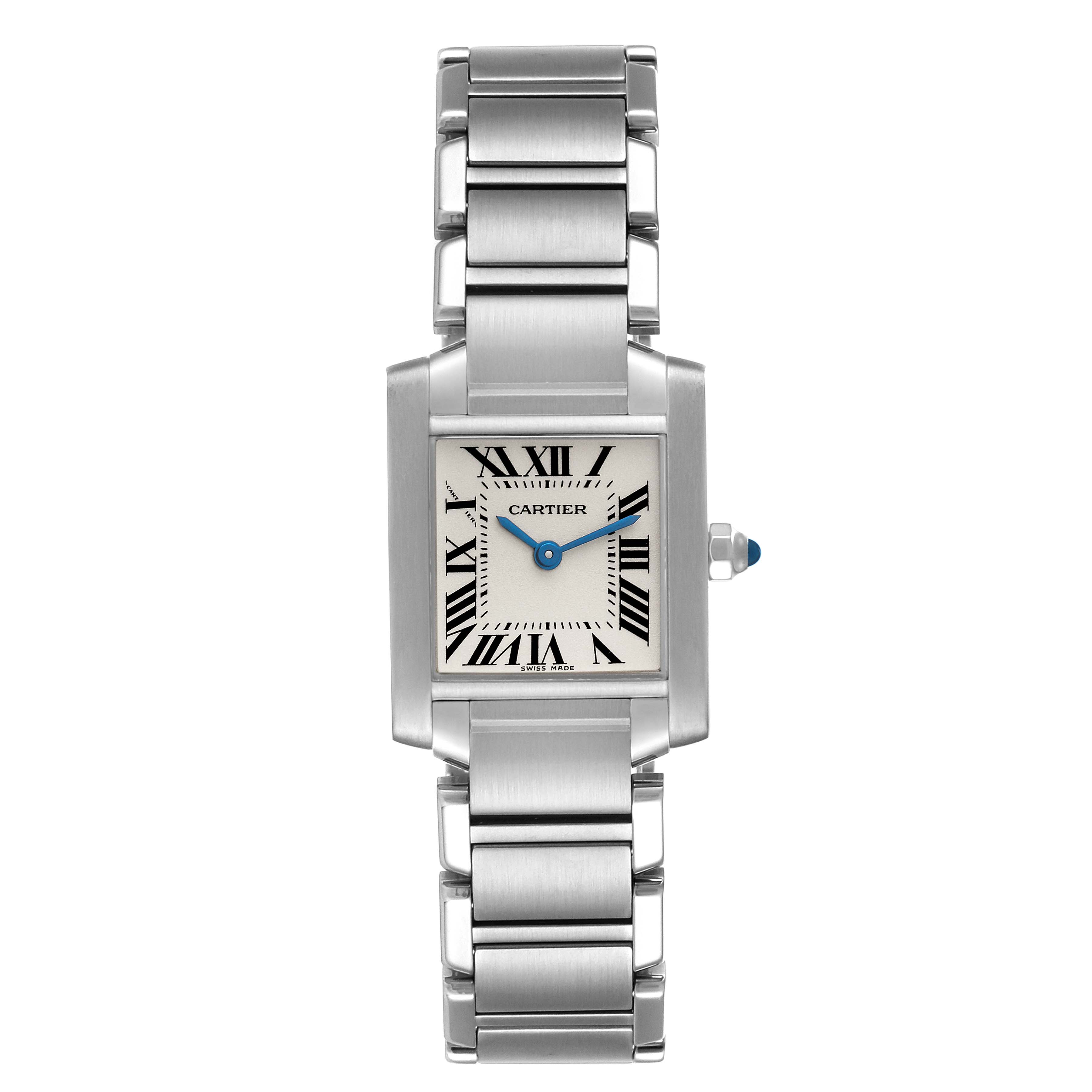 The image shows a front view of a Cartier Tank Française watch, highlighting its rectangular face, Roman numerals, blue hands, and metal bracelet.