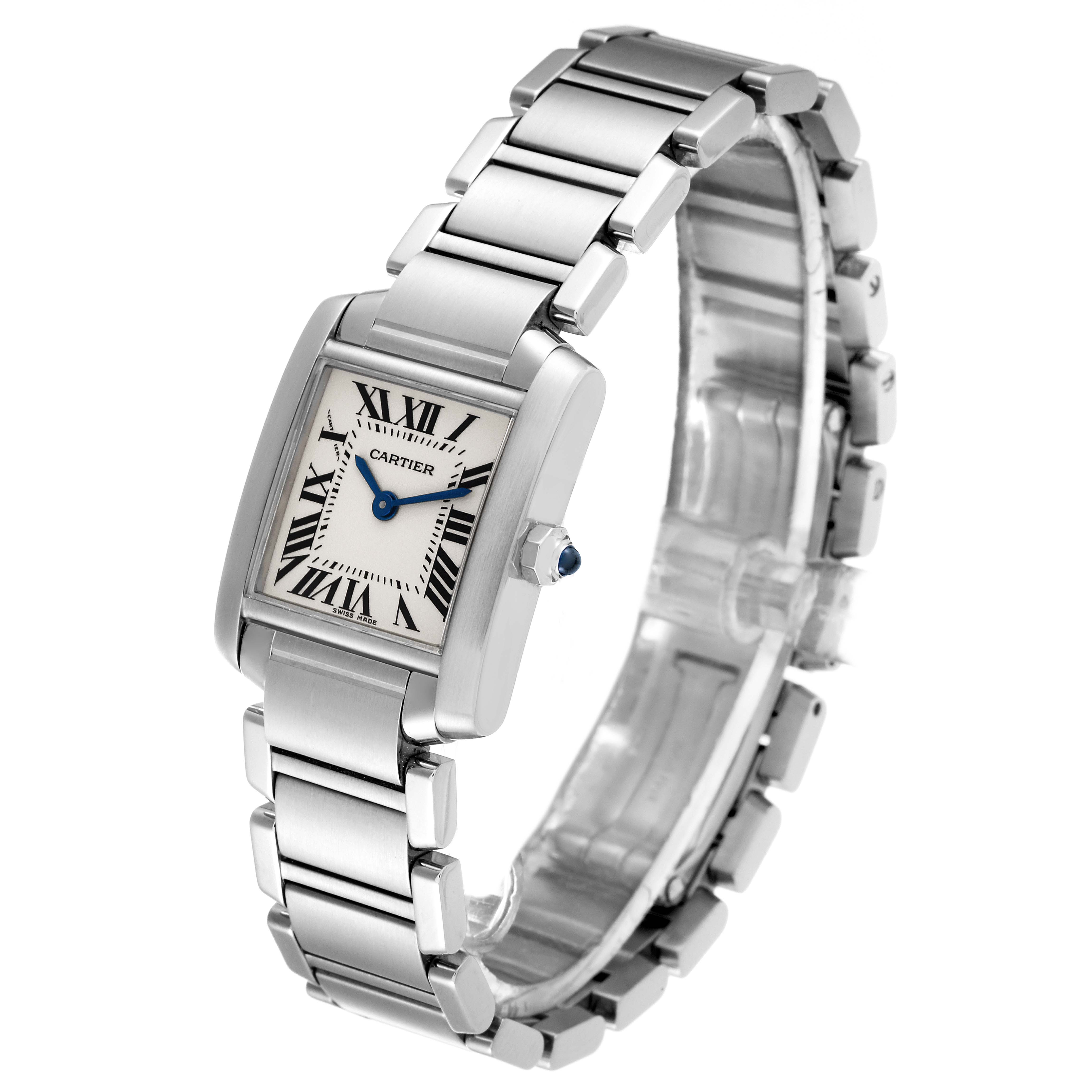 The Cartier Tank Francaise W51008Q3 Women's Stainless Steel Silver Dial W51008Q3 Women's Stainless Steel Silver Dial watch is shown at a slight angle, displaying the face, bracelet, and crown.