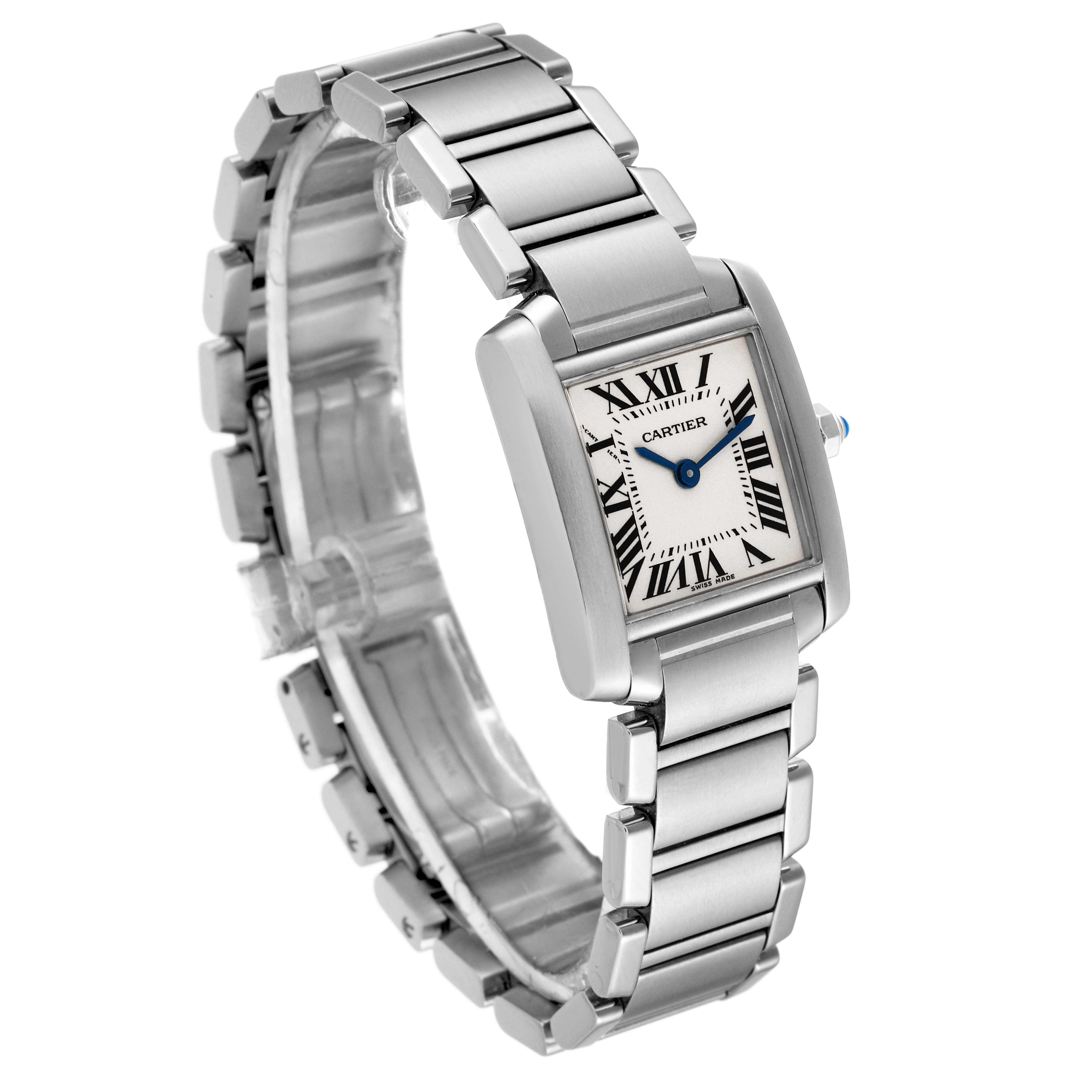 This Cartier Tank Francaise W51008Q3 Women's Stainless Steel Silver Dial W51008Q3 Women's Stainless Steel Silver Dial model is shown at an angled view highlighting its rectangular face and stainless steel bracelet.