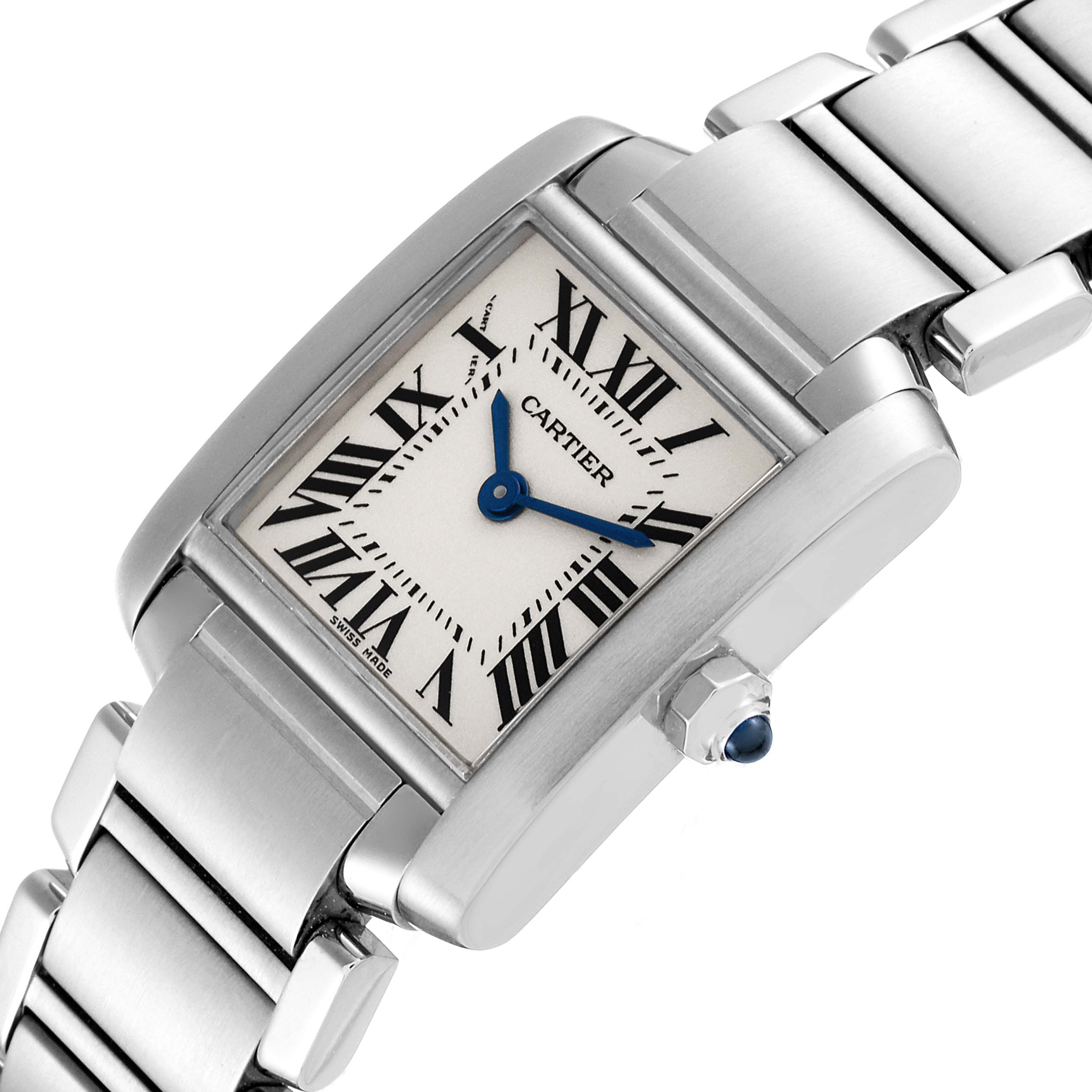 The image shows a close-up angle of the Cartier Tank Française watch, highlighting the face, crown, and part of the bracelet.