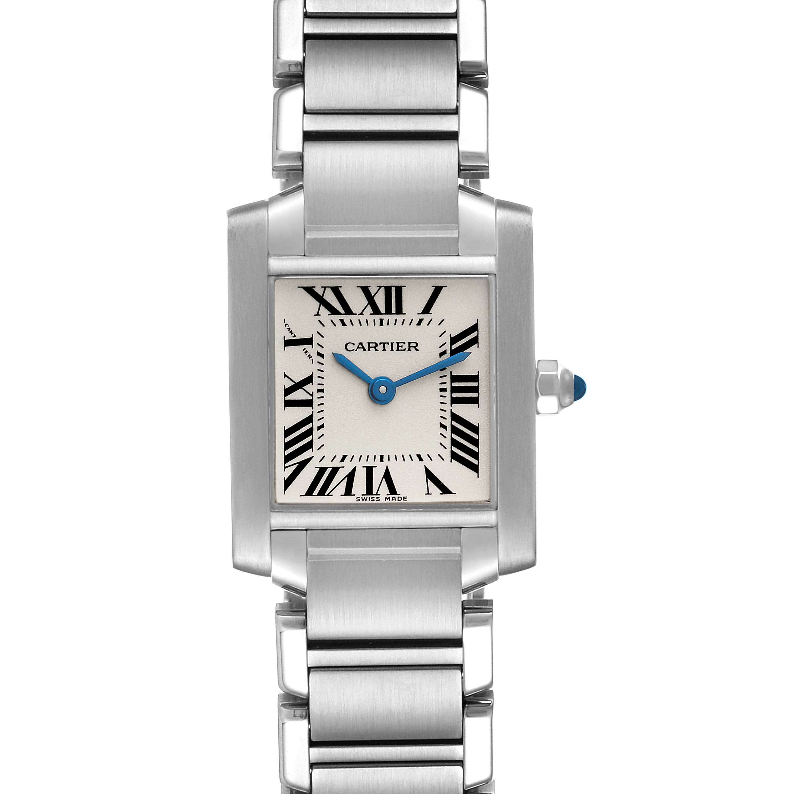 The image shows a Cartier Tank Francaise W51008Q3 Women's Stainless Steel Silver Dial W51008Q3 Women's Stainless Steel Silver Dial watch from the front, highlighting its square face, blue hands, and metal bracelet.