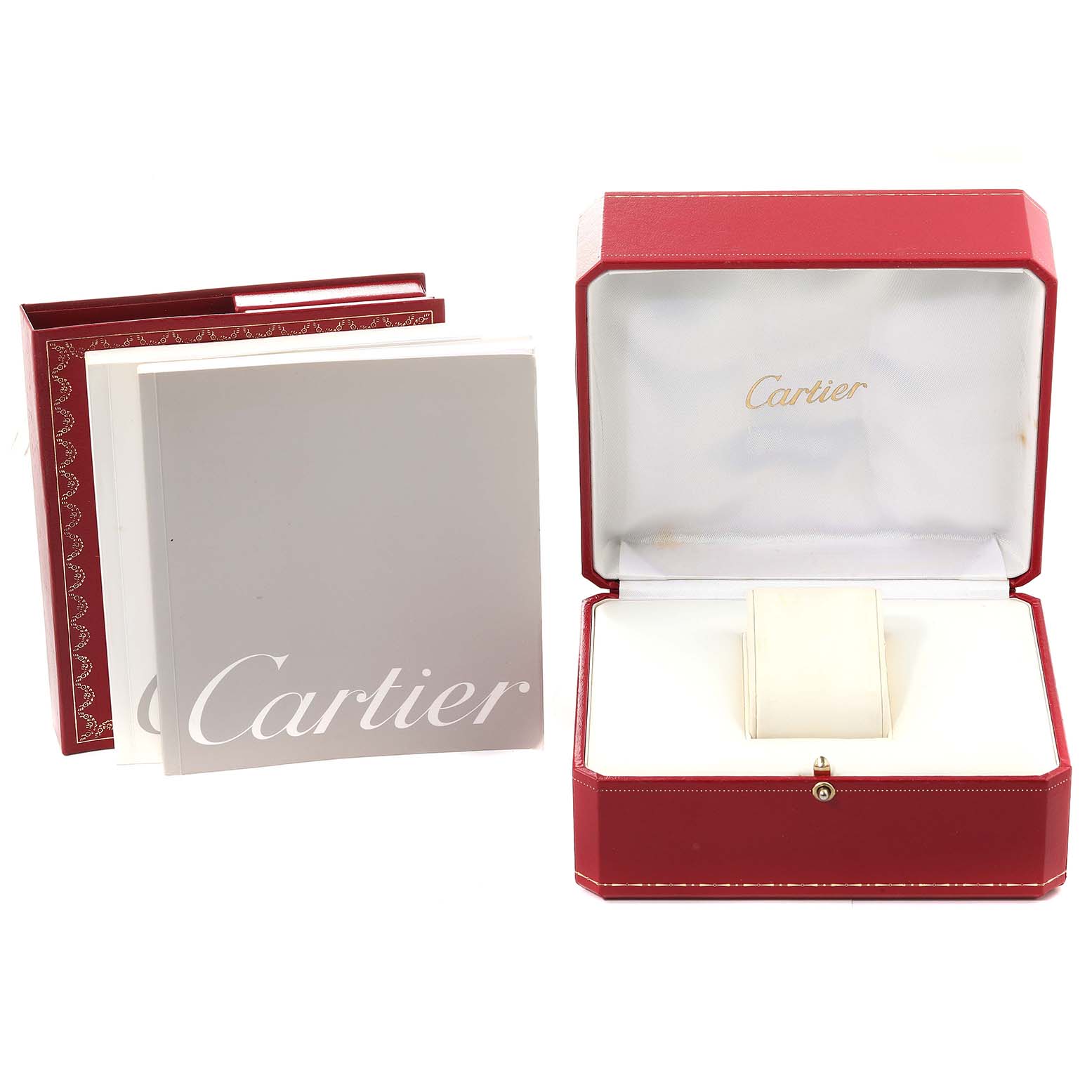 The image shows the packaging and documentation for a Cartier Tank Francaise W51008Q3 Women's Stainless Steel Silver Dial W51008Q3 Women's Stainless Steel Silver Dial watch, including a red box and booklets.