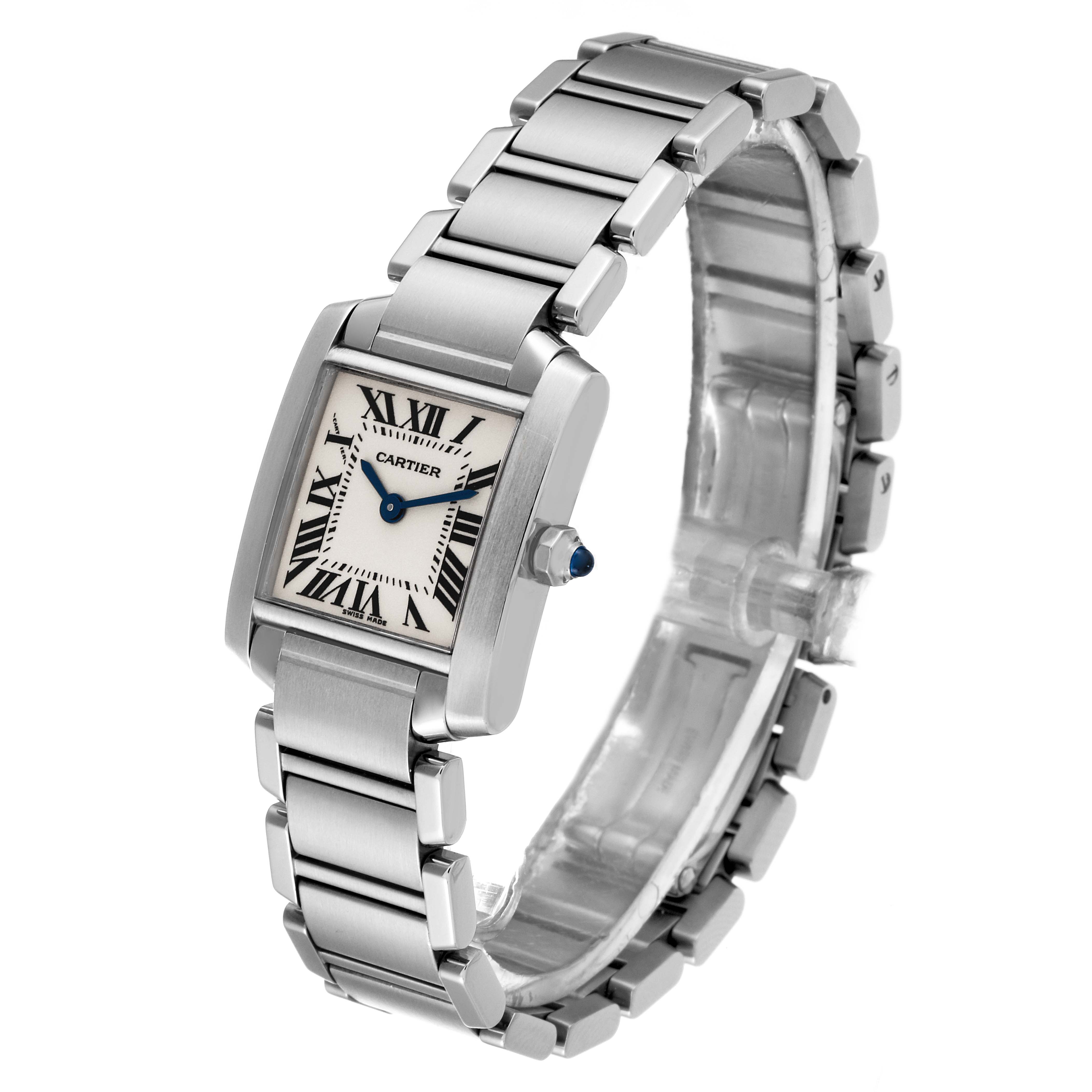 The image shows a Cartier Tank Française watch at a three-quarter angle, highlighting its bracelet, dial, and crown.