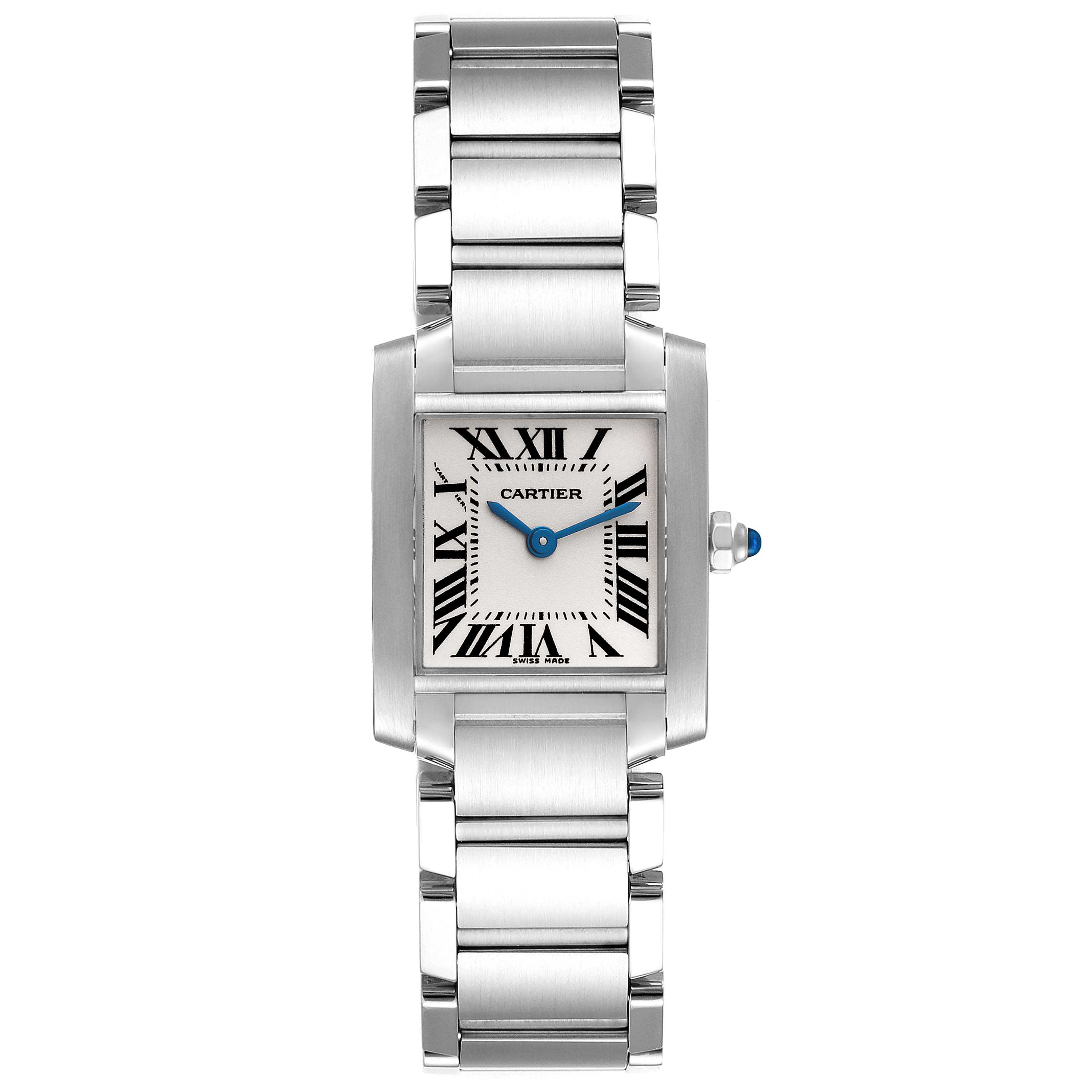 The image shows a frontal view of the Cartier Tank Française watch, displaying its face, bracelet, and crown.