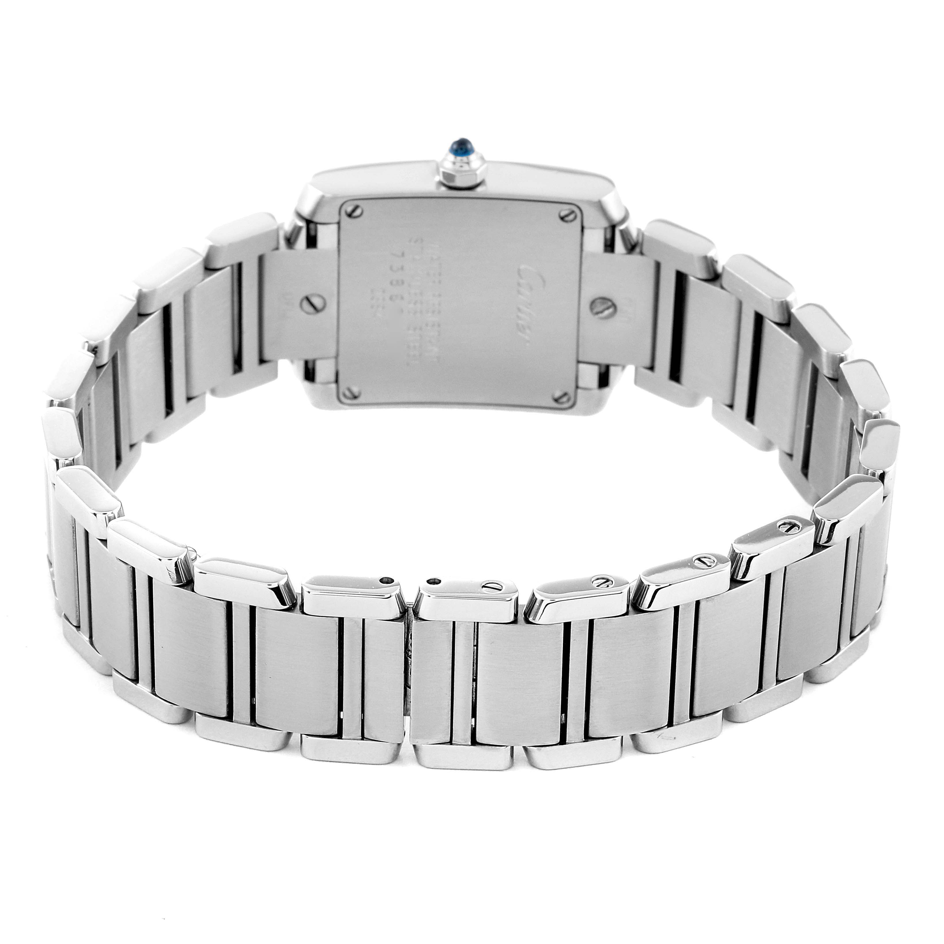 The image shows the back side and bracelet of the Cartier Tank Francaise W51008Q3 Women's Stainless Steel Silver Dial W51008Q3 Women's Stainless Steel Silver Dial watch, highlighting the metal links and case back.