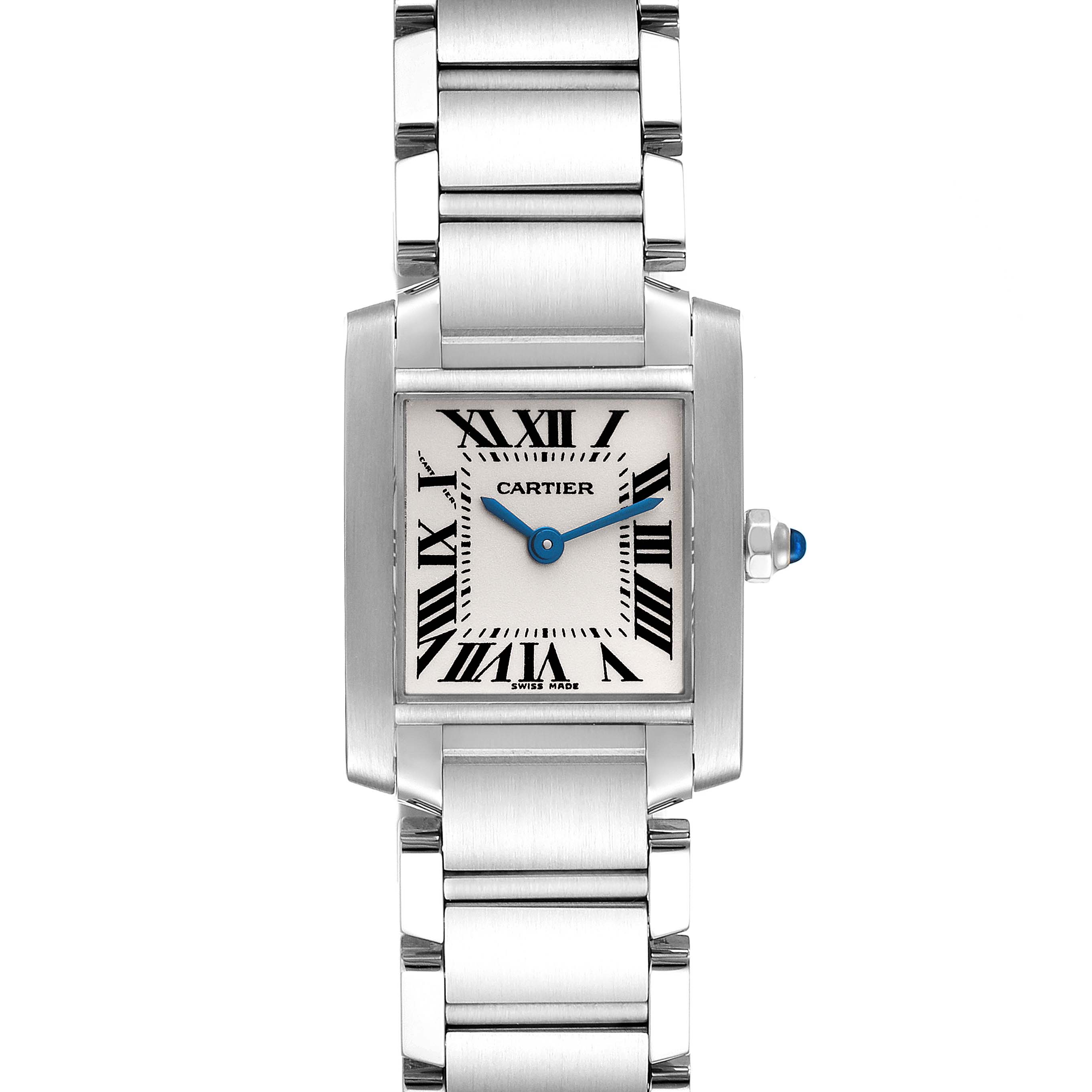 The image shows a frontal view of the Cartier Tank Francaise W51008Q3 Women's Stainless Steel Silver Dial W51008Q3 Women's Stainless Steel Silver Dial watch, highlighting its rectangular face, Roman numerals, and metal bracelet.