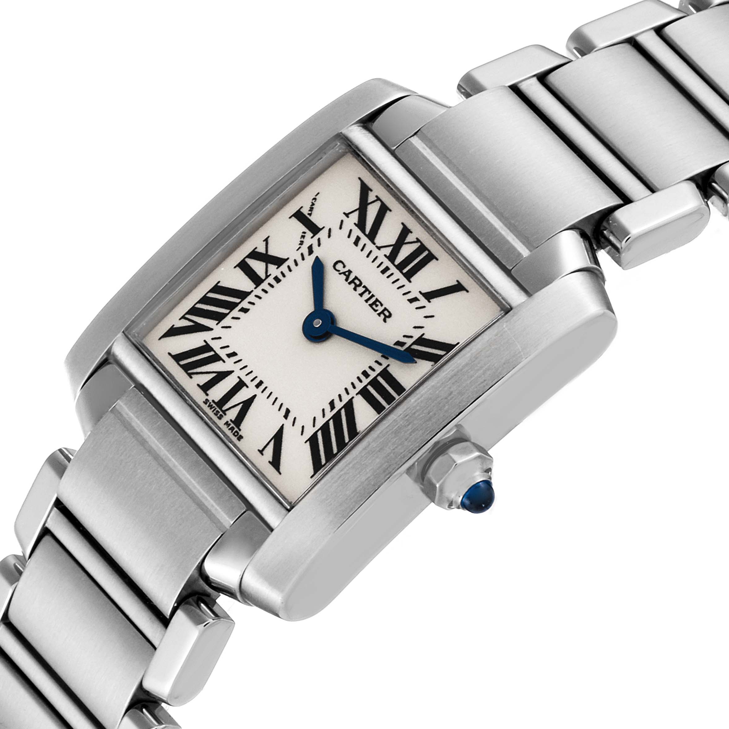 The image shows a close-up, angled view of the face and bracelet of a Cartier Tank Francaise W51008Q3 Women's Stainless Steel Silver Dial W51008Q3 Women's Stainless Steel Silver Dial watch.