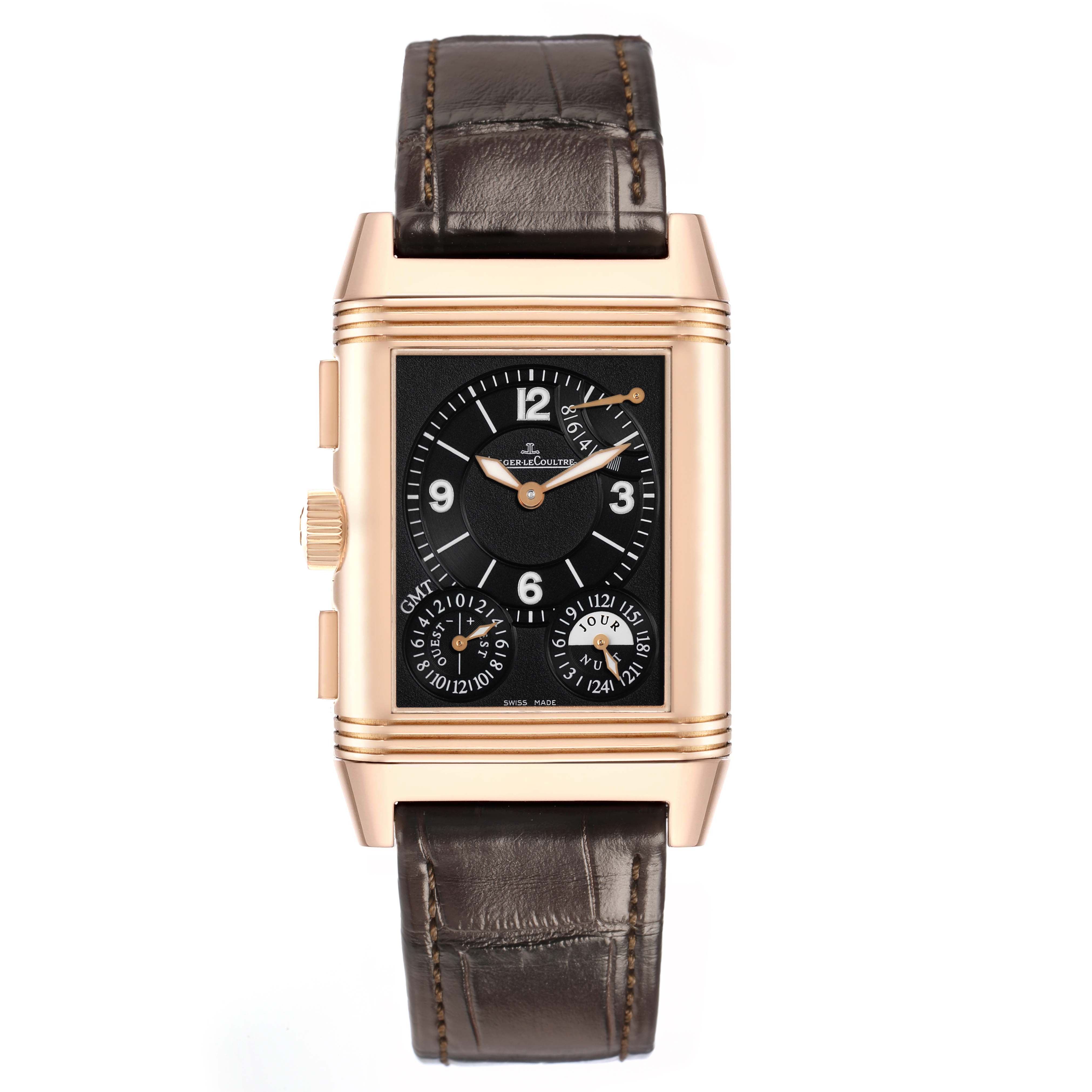 The Jaeger LeCoultre Reverso Q3022420 Men's Rose Gold Silver Dial watch is shown from a top-down angle, displaying its face and brown leather strap.