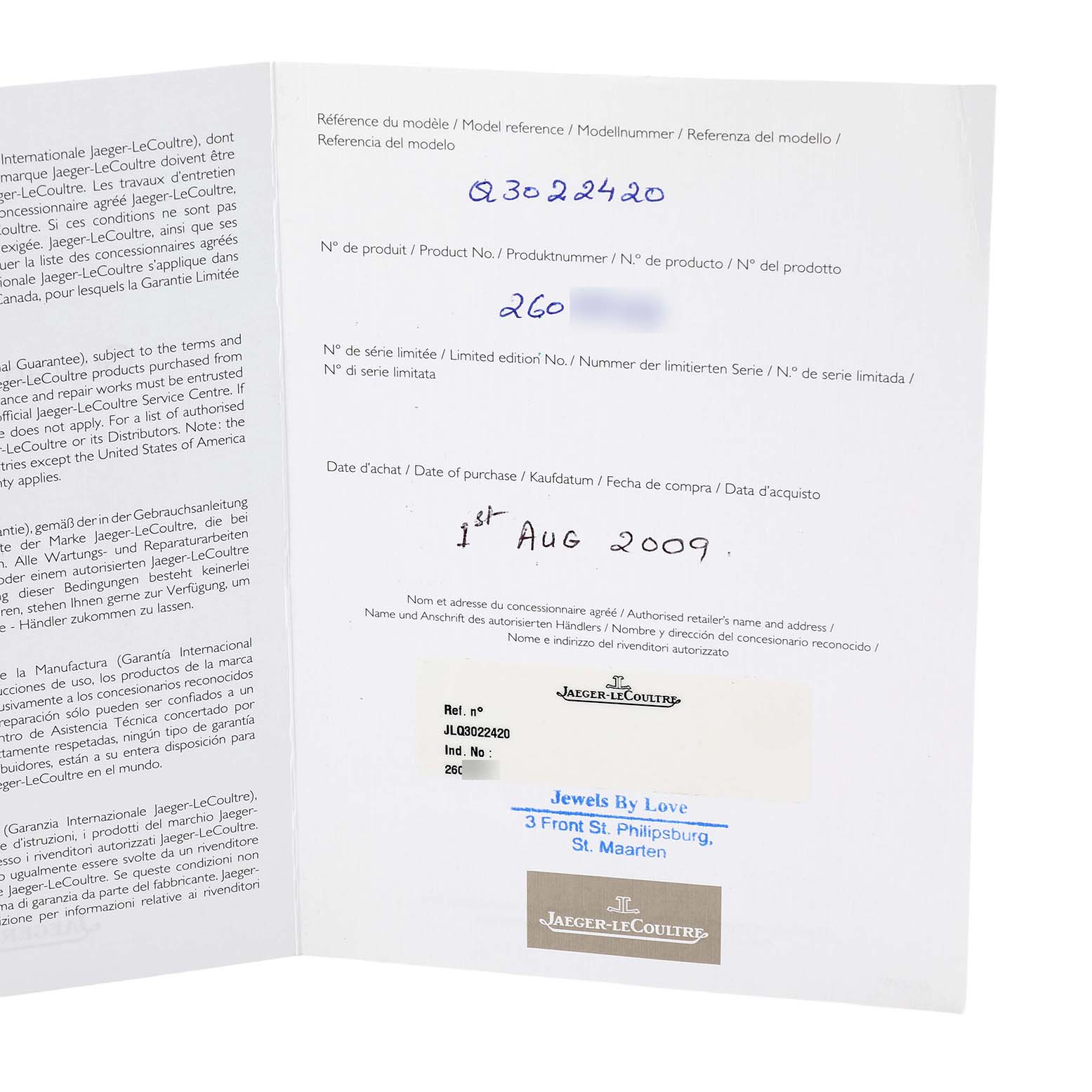 The image shows the documentation for a Jaeger-LeCoultre Reverso watch, including purchase details and model information.