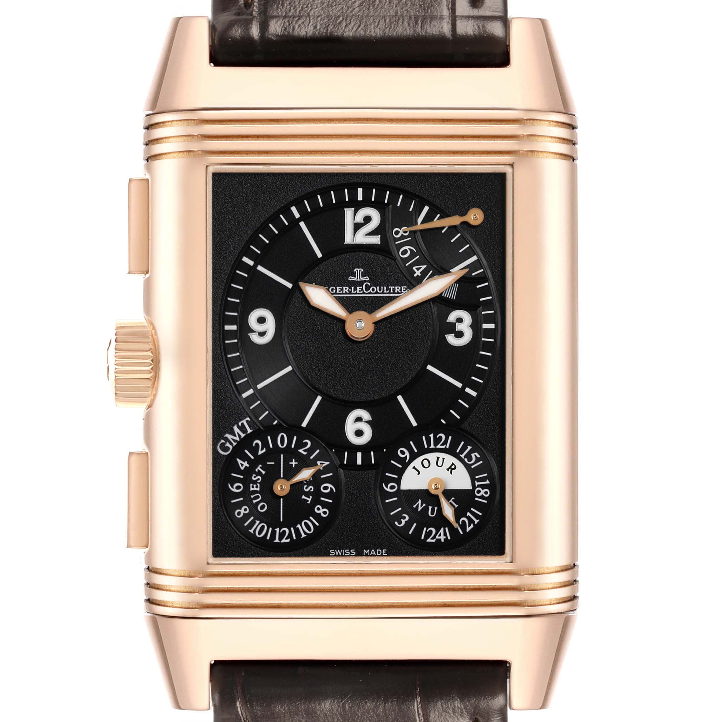 The image shows a frontal view of a Jaeger-LeCoultre Reverso watch, highlighting its dial, crown, and complications.
