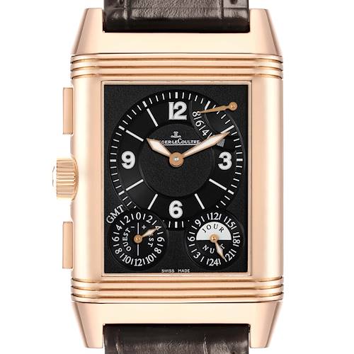 The Jaeger-LeCoultre Reverso watch is shown from the front, displaying its face, crown, numerals, and subdials.