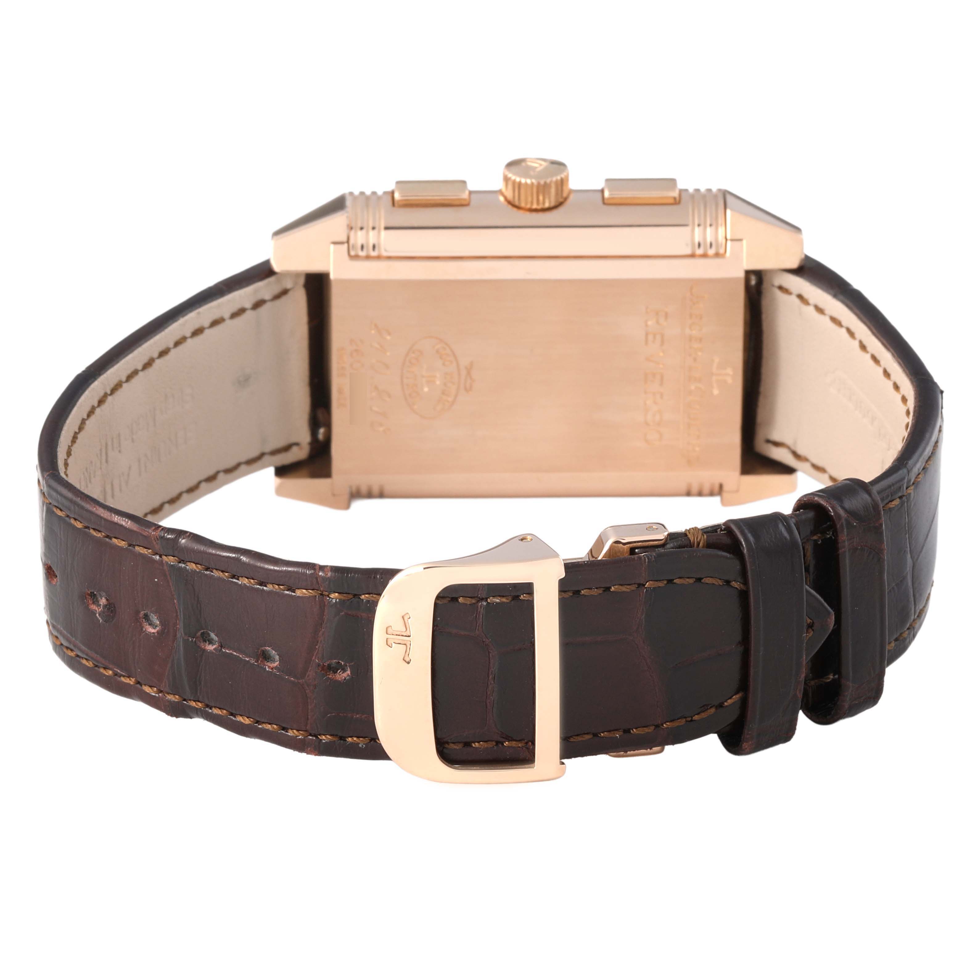 The image shows the back and side of a Jaeger LeCoultre Reverso Q3022420 Men's Rose Gold Silver Dial watch, highlighting the case, crown, and leather strap with a buckle.