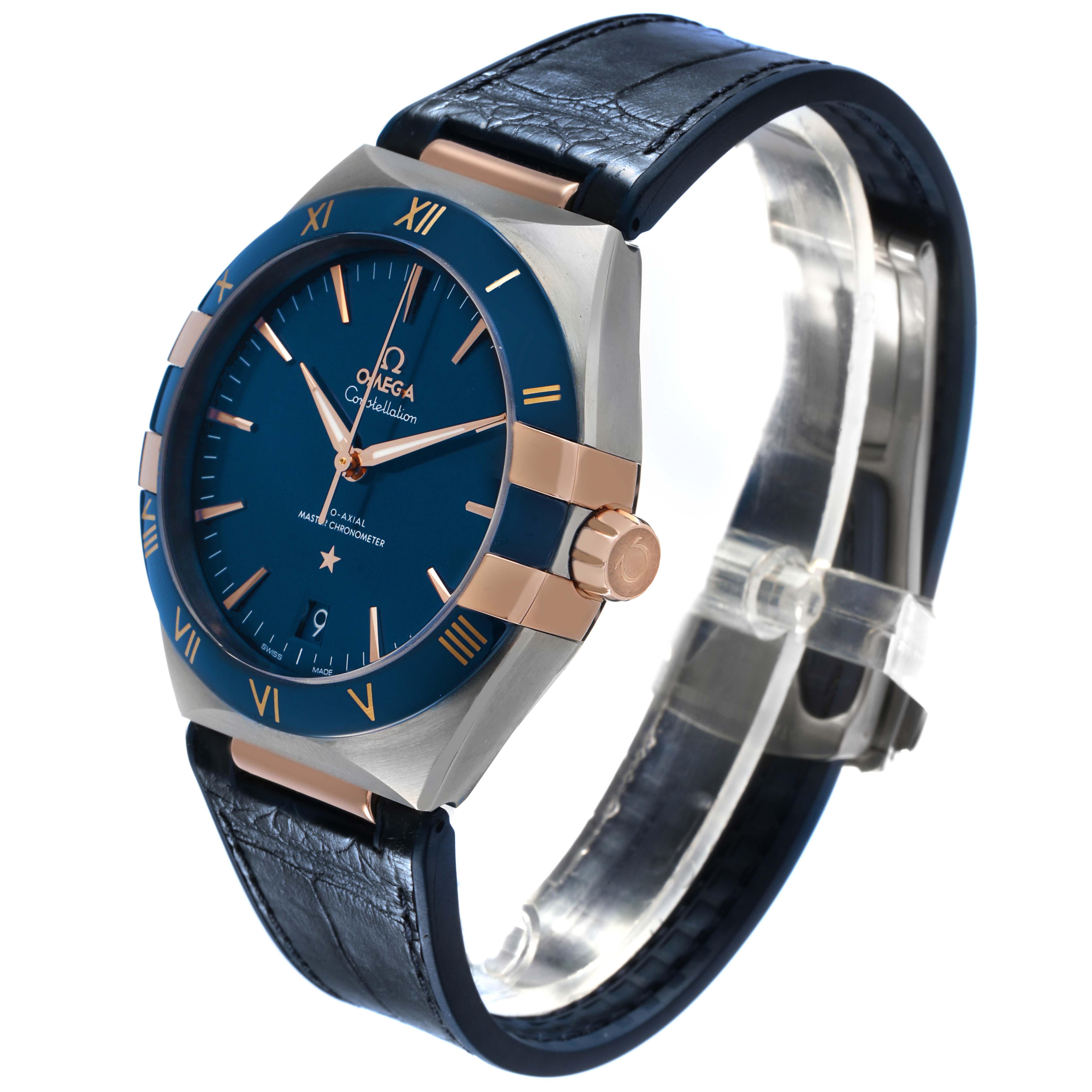 The Omega Constellation 131.23.41.21.03.001 Men's Stainless Steel Blue Dial watch is shown at a three-quarter angle, highlighting the blue dial, bezel, case, and leather strap.