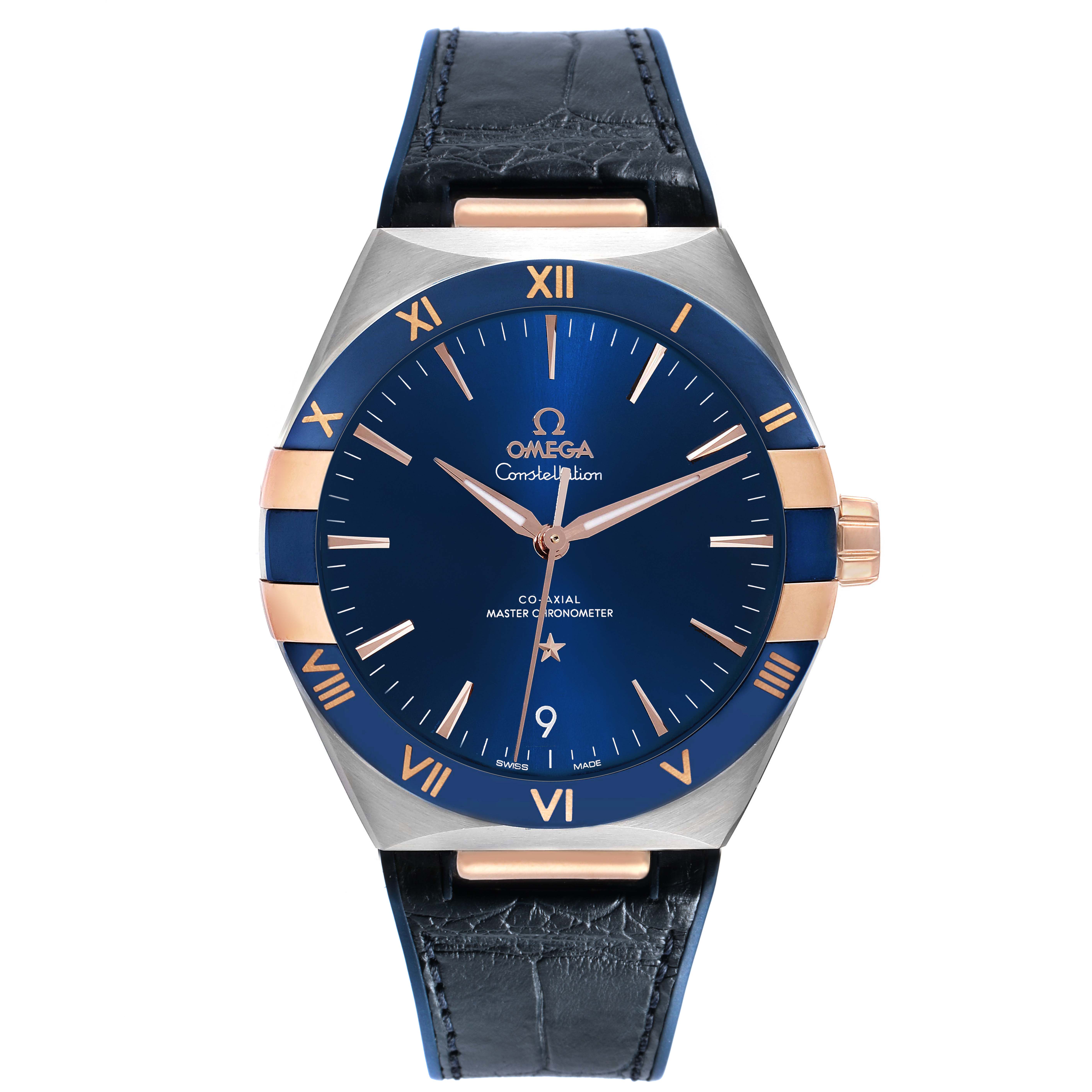 The Omega Constellation 131.23.41.21.03.001 Men's Stainless Steel Blue Dial watch is shown from the front, highlighting the blue dial, Roman numeral bezel, and leather strap.