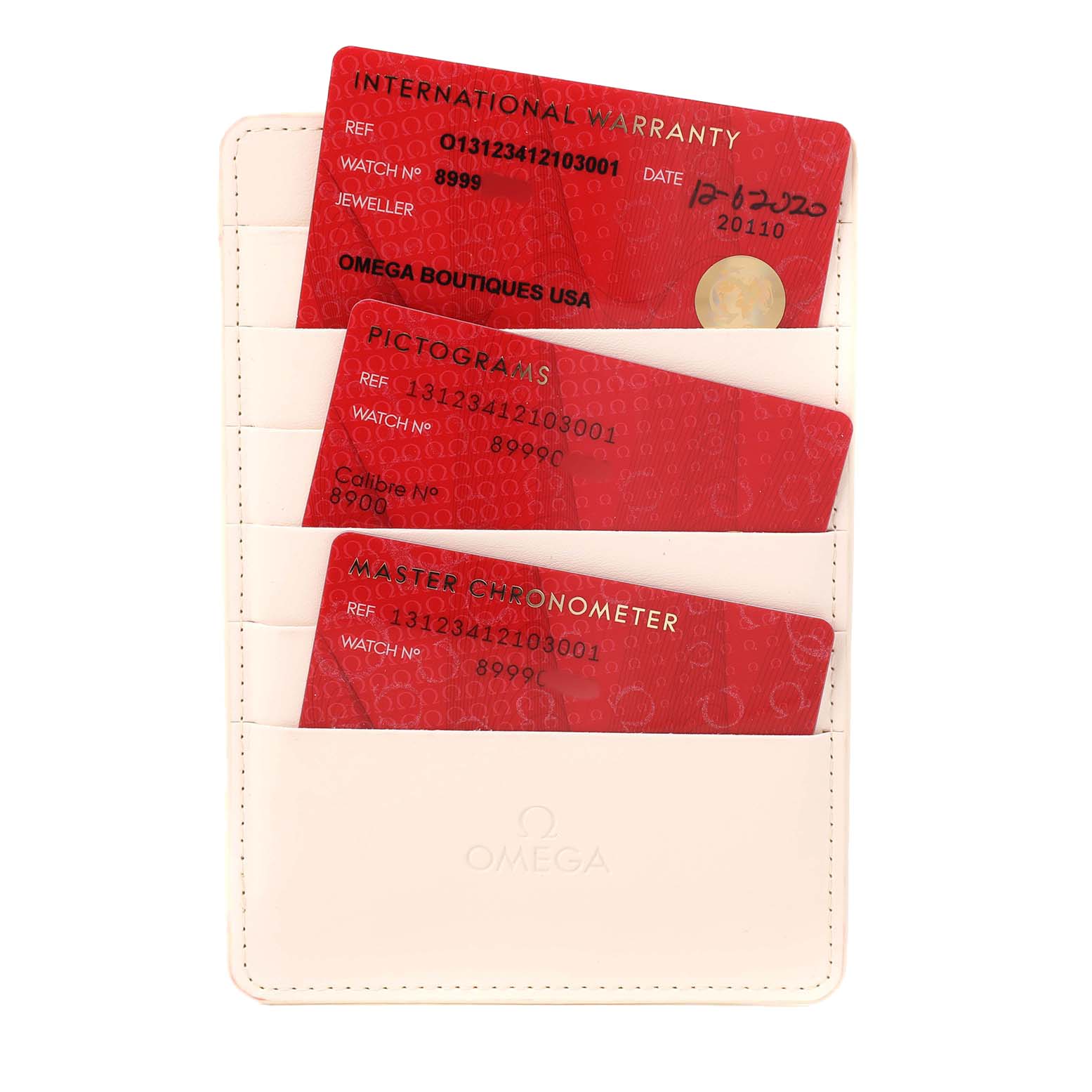 The image shows three red Omega Constellation 131.23.41.21.03.001 Men's Steel and Gold (two tone) Blue Dial model cards for warranty and certification in a white cardholder.