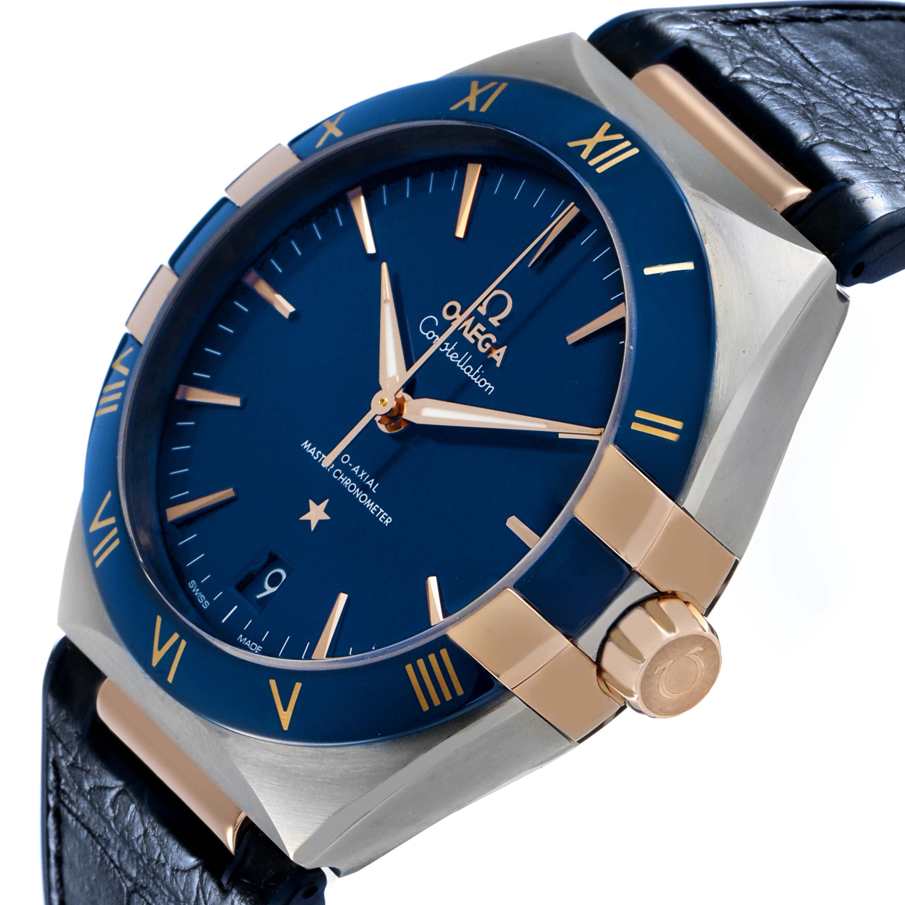 The image shows the Omega Constellation 131.23.41.21.03.001 Men's Stainless Steel Blue Dial watch at a slight angle, highlighting the blue dial, bezel, and crown.