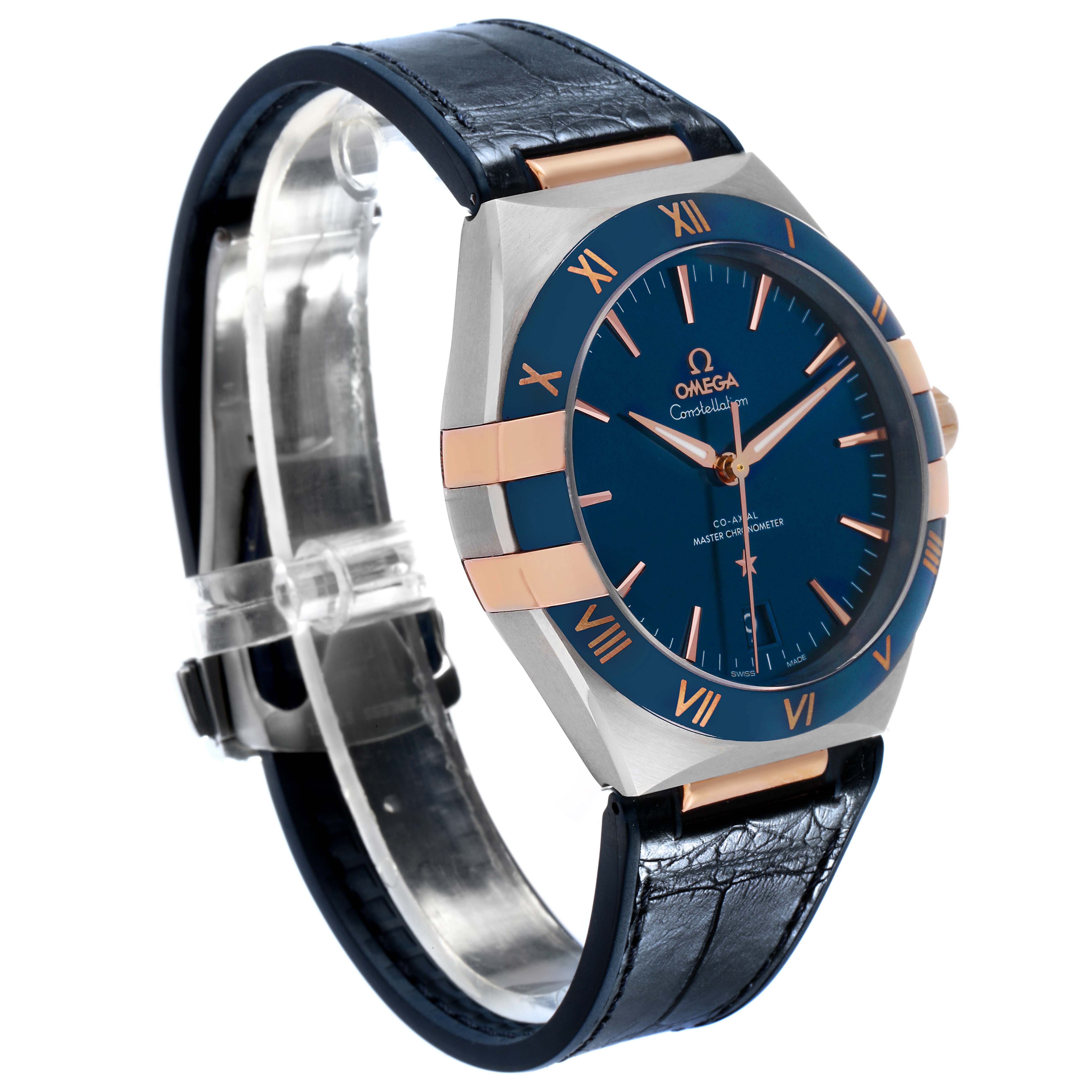 The Omega Constellation 131.23.41.21.03.001 Men's Stainless Steel Blue Dial watch is shown at a three-quarter angle, highlighting the face, bezel, case, and leather strap.