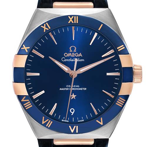 The image shows a frontal view of the Omega Constellation 131.23.41.21.03.001 Men's Stainless Steel Blue Dial watch, highlighting its blue dial, gold indices, and bezel.