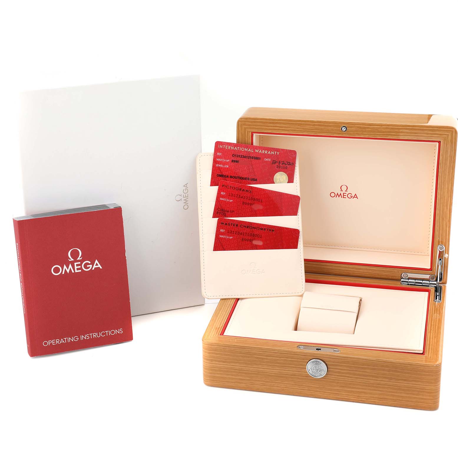 The image shows an Omega Constellation 131.23.41.21.03.001 Men's Stainless Steel Blue Dial watch box with warranty cards, a manual, and packaging from a high-angle view.